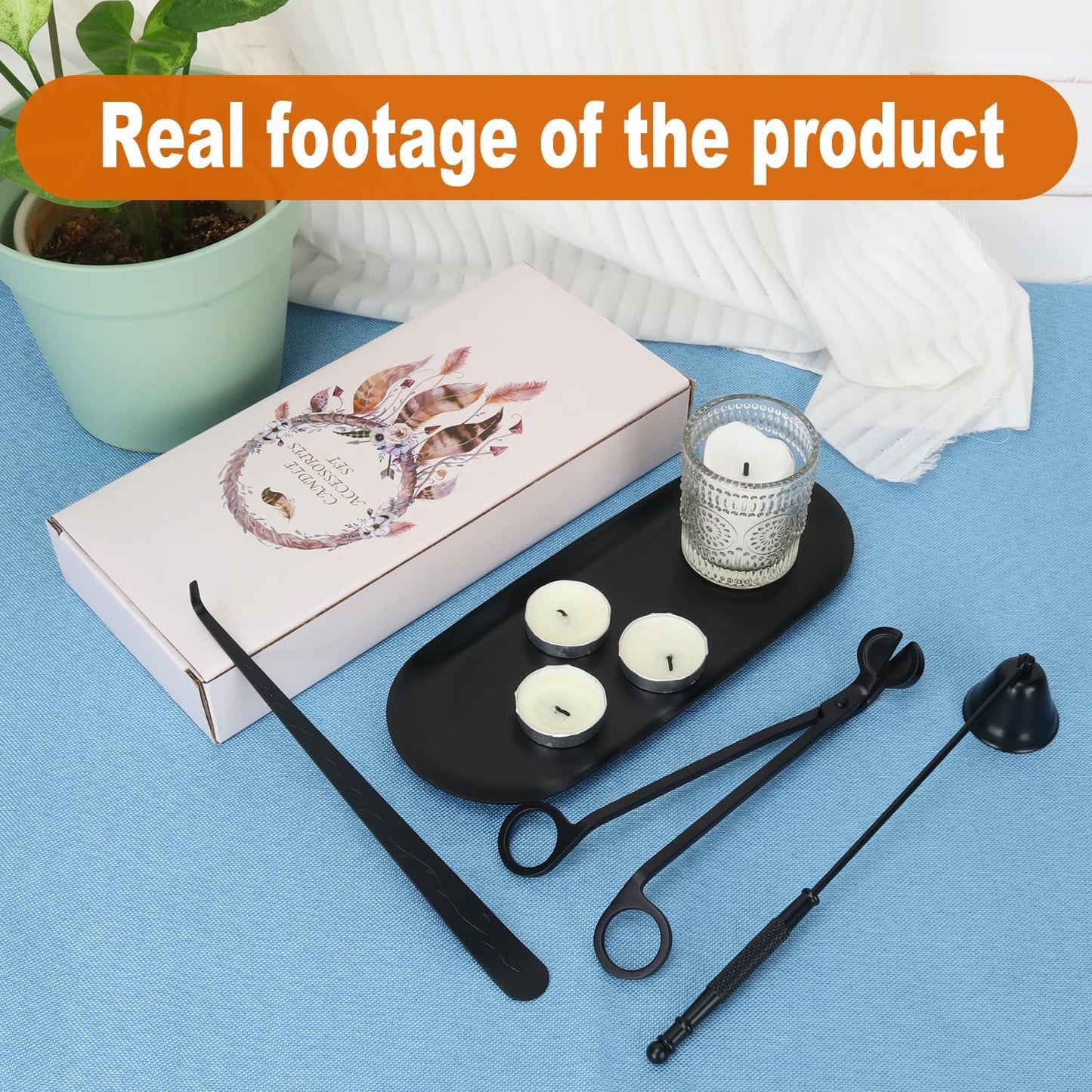 4 in 1 Candle Accessory Set with Storage Tray Plate, Premium Candle Wick Trimmer, Candle Snuffer, Wick Dipper & Storage Tray Plate with Gift Package, Ideal for Scented Candle Lovers (Black)