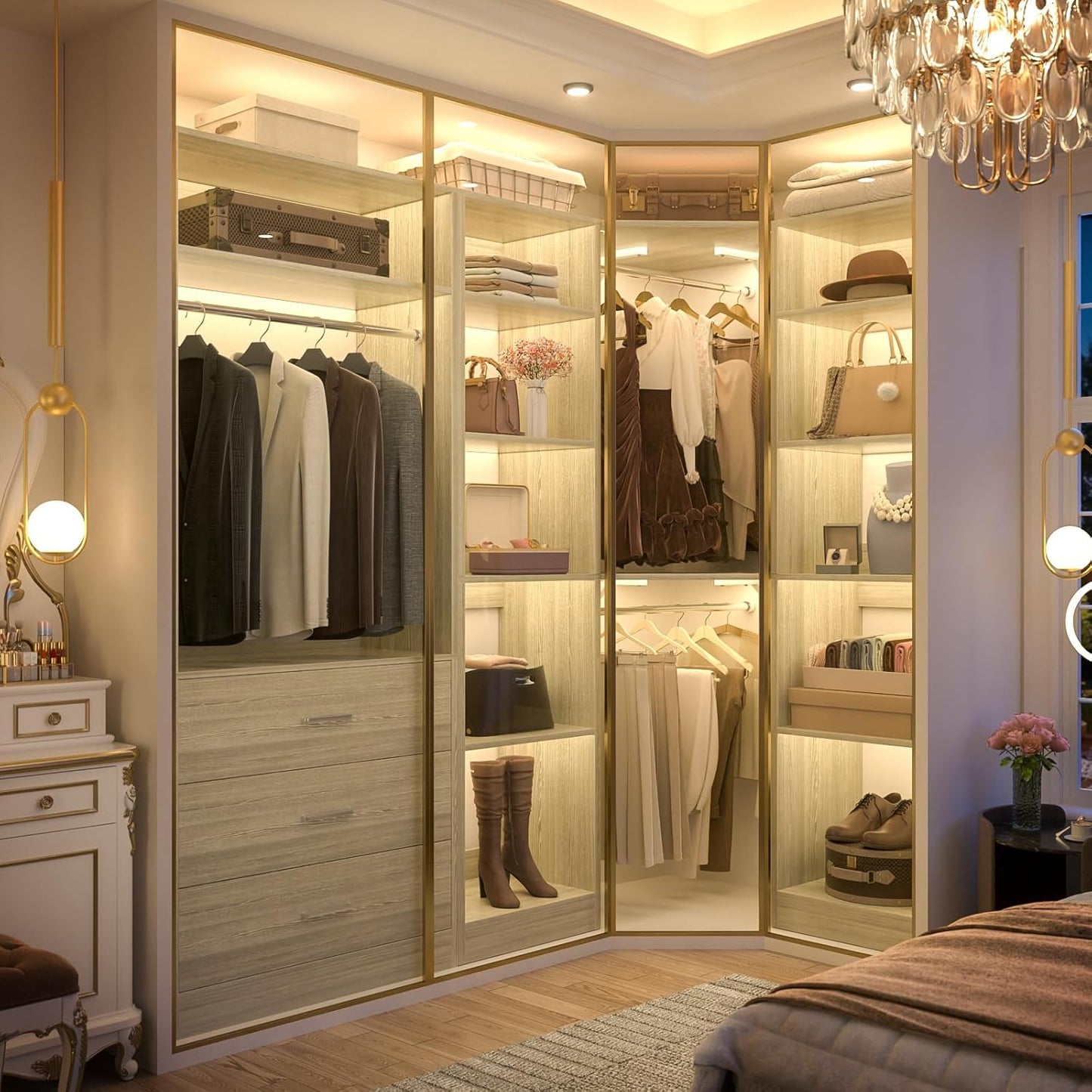 Corner Closet System with 3 Drawers, Corner Closet Organizer System with 13 Shelves & 3 Hanging Rods, 63.2"L * 39.2"W Reversible L Shaped Walk-in Closets, Load 2000+LBS, White Oak