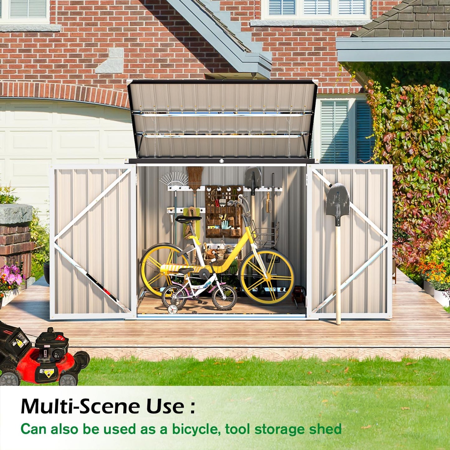 AECOJOY Outdoor Trash Can Storage Shed, 46 Cu.Ft White Trash Can Storage Shed Outdoor Horizontal Storage Cabinet Waterproof, Garbage Can Storage Bicycle Sheds & Outdoor Storage Clearance