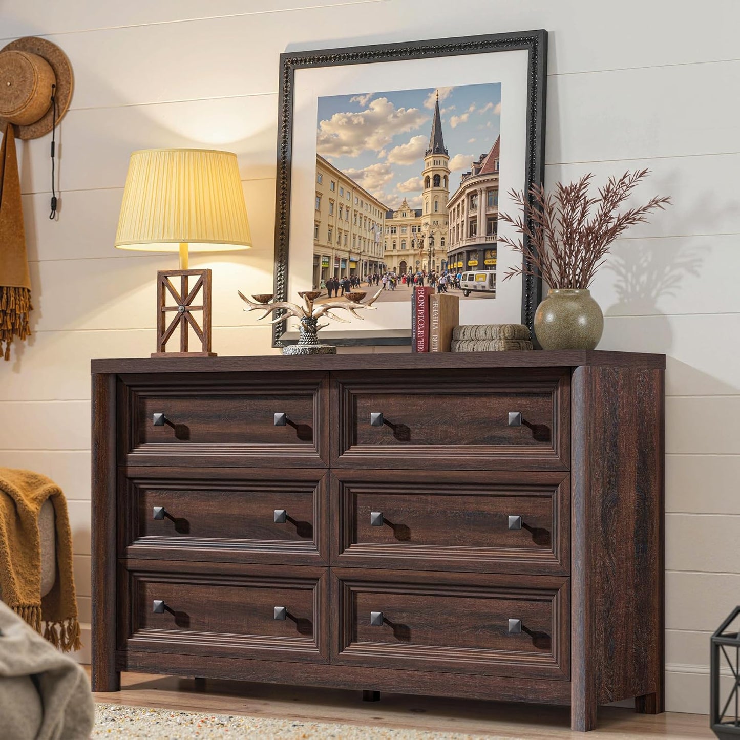 Farmhouse Walnut 6 Drawers Dresser for Bedroom, 52" Wide Chest of Drawers with Metal Knobs, Vintage Wooden Dresser TV Stand, Closet Drawer Organizer for Bedroom, Nursery