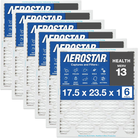 Aerostar 17 1/2x23 1/2x1 MERV 13 Pleated Air Filter, AC Furnace Air Filter, 6 Pack (Actual Size: 17