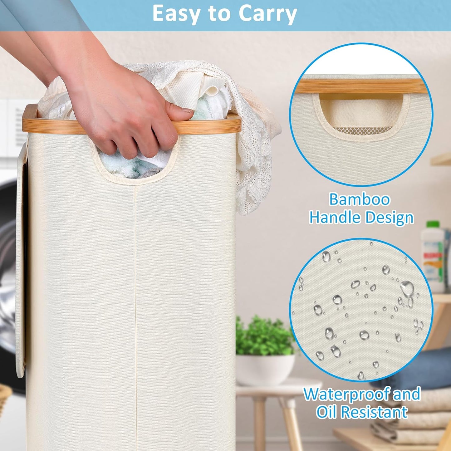 efluky Slim Laundry Basket with Wheels, Narrow Rolling Laundry Hamper with Lid and Removable Bag, Aesthetic Dirty Clothes Hamper on Wheels for Laundry Room, Bedroom, Dorm and Bathroom, 75L Beige