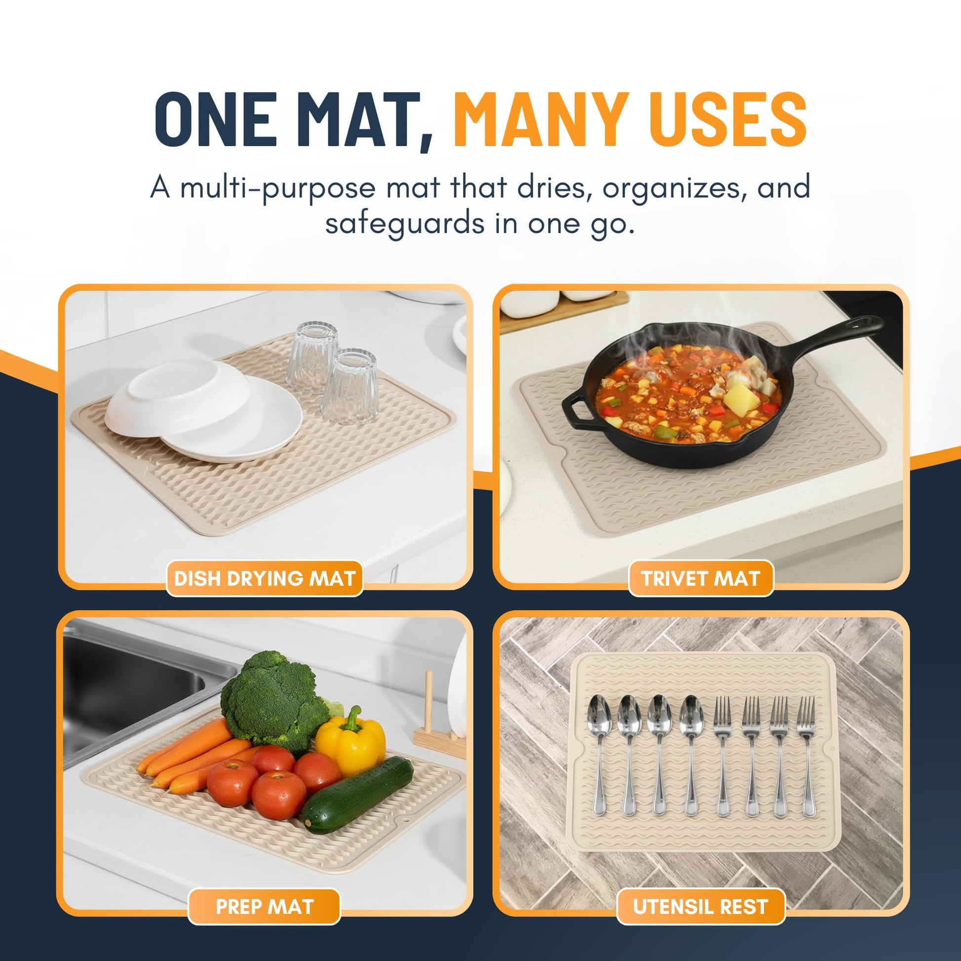 Silicone Dish Drying Mat for Kitchen Counter - Multi-Use 16 x 12 Inch Pad, Non-Slip &