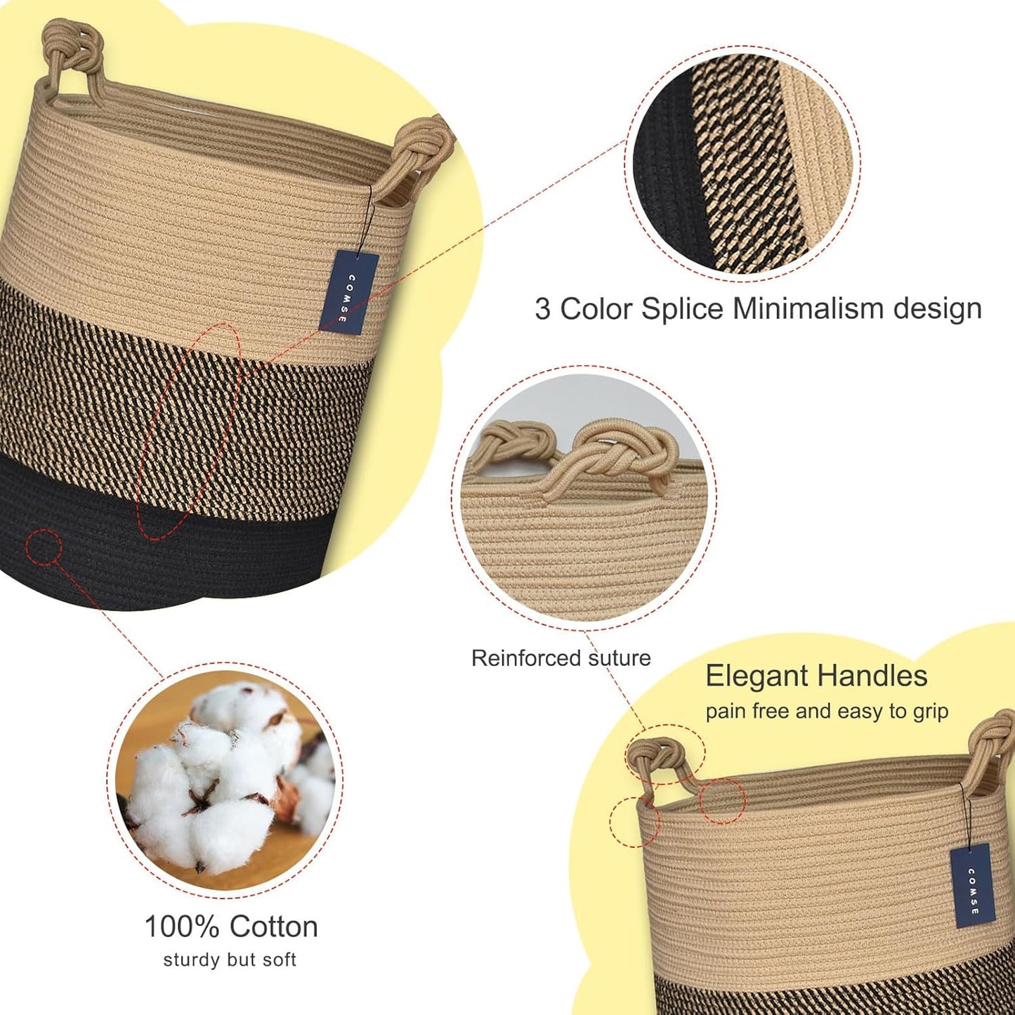 COMSE Extra Large Blanket Basket, Tall Woven Storage Basket, Nursery Hamper, 15.7”x 21.7”, Cotton Rope Laundry Hamper for Toys Clothes Towels, Brown/Black