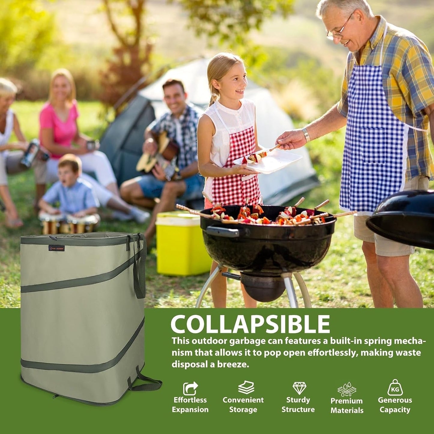 YUDI & GARDEN 46 Gallon Square Collapsible Yard Waste Containers｜Collapsible Trash Can｜Camping Trash Can, for Collecting Weeds or Yard and Party Waste, Green