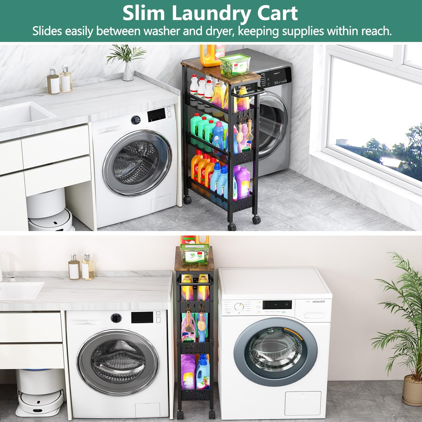 Vivihomety 4-Tier Slim Utility Rolling Laundry Cart with Wheels, Metal