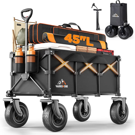 Beach Wagon with 10x3.5 Big Rubber Wheels for Sand, 400lbs Heavy Duty 220L Collapsible Utility