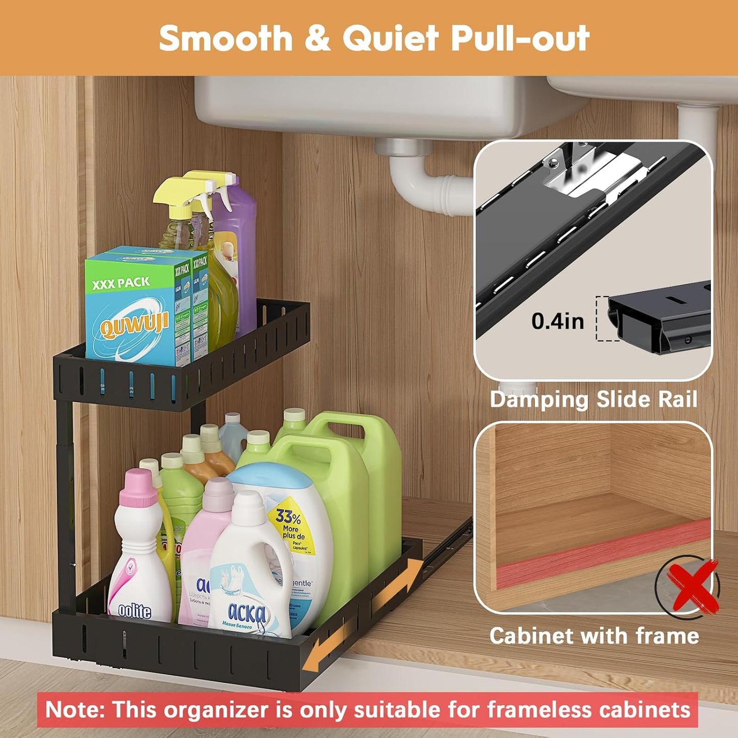 REALINN Under Sink Organizer, 2 Tier Expandable Under Cabinet Organizer, Heights Adjustable Pull Out Storage for Kitchen Bathroom Laundry, Black, 2 Pack