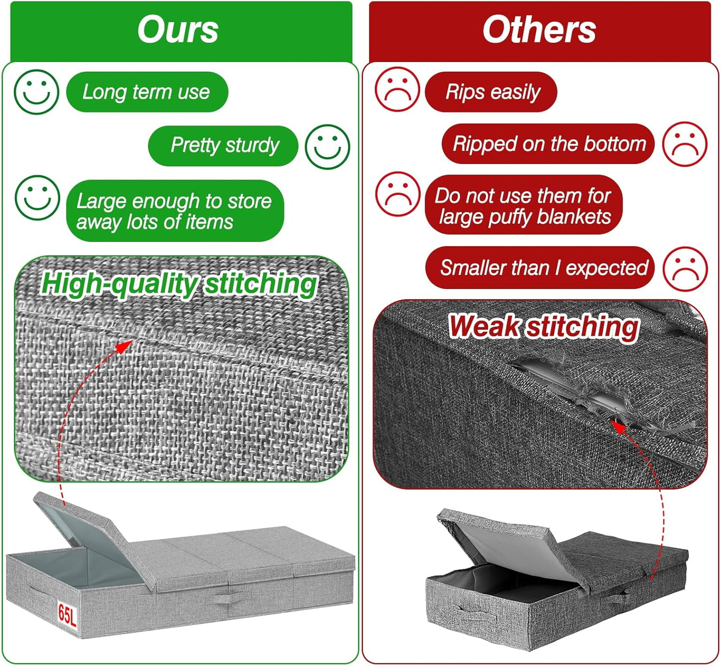 punemi Extra Large Under Bed Storage 65L, 42*16.5*5.8 in Tall underbed storage containers with Lids, Sturdy Closet Organizers and Storage Bins Bags for Blankets Comforter Sweaters Wrapping Paper 2PACK