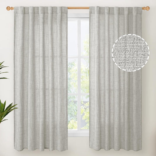 YoungsTex Linen Curtains 63 Inch Length for Living Room, Light Grey Semi Sheer Drapes Rod Pocket Back Tab Light Filtering Window Treaments for Bedroom Office, 38 X 63 Inch, 2 Panels