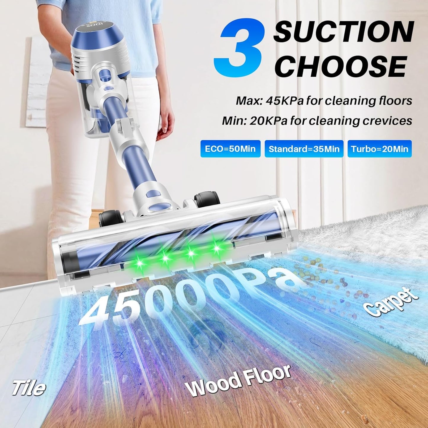 Cordless Vacuum Cleaner - Powerful, 45Kpa Home Stick Vacuum, 180°Bendable Wand & Removable Battery, Up to 50 Mins, 8 in 1 Self-Standing Vacuum, Wall Mount Charging for Hardfloor, Carpet Blue