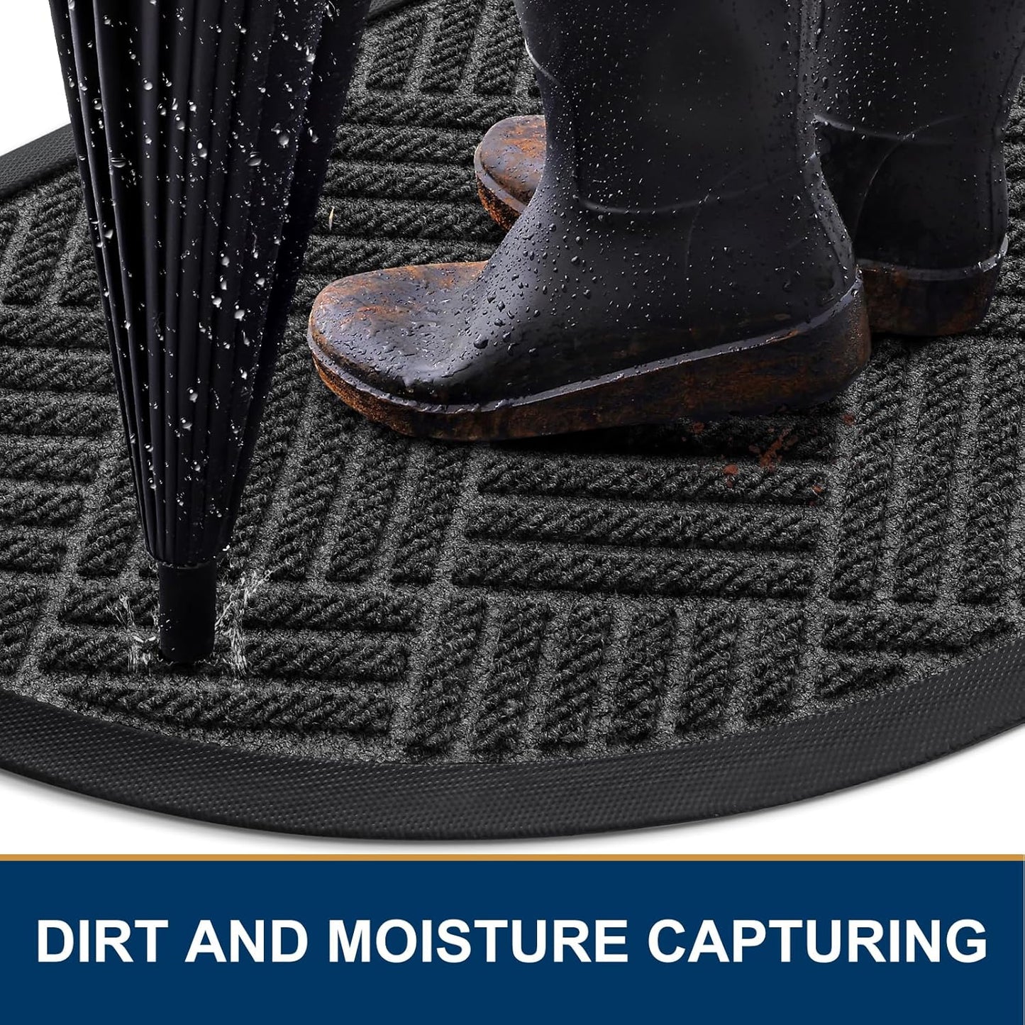 Smiry Half Circle Front Door Mat Outside Entrance, Heavy Duty Outdoor Indoor Natural Rubber Doormat, Non Slip, Trap Dirt and Moisture, Easy Clean, Low Profile Patio Porch Entryway Mat, 29.5x17, Black