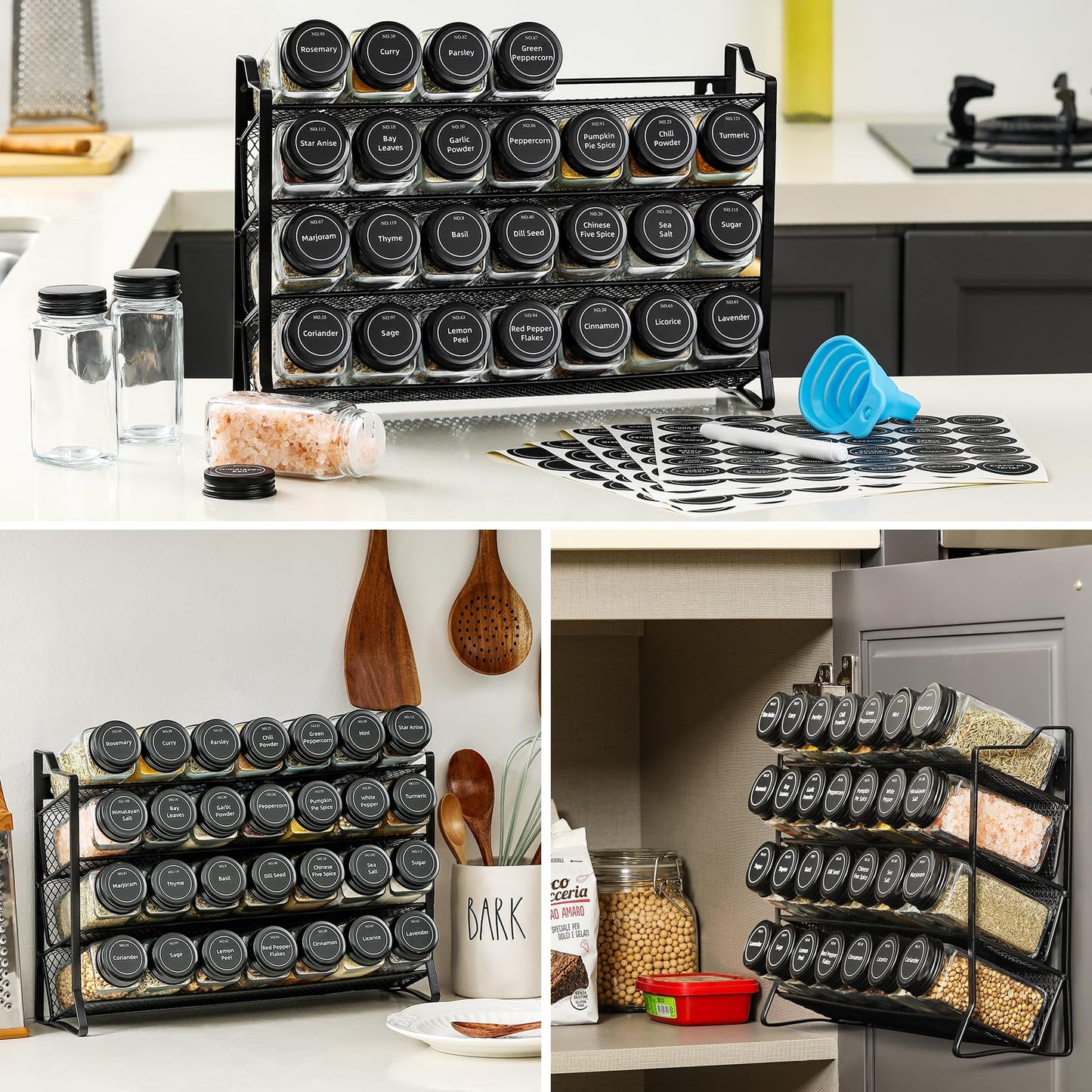 AOZITA Spice Rack Organizer for Cabinet, Spice Organizer with 28 Empty Spice Jars with Black Lids