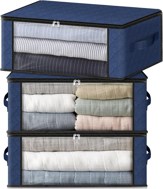 HomeHacks Storage 3-Pack Clothes Organizer Storage Bags Foldable Storage Box with Large Clear Window Sturdy Handles for Closet, Dorm, Pillows, Bedding, Clothes, Blankets, 35L, Blue