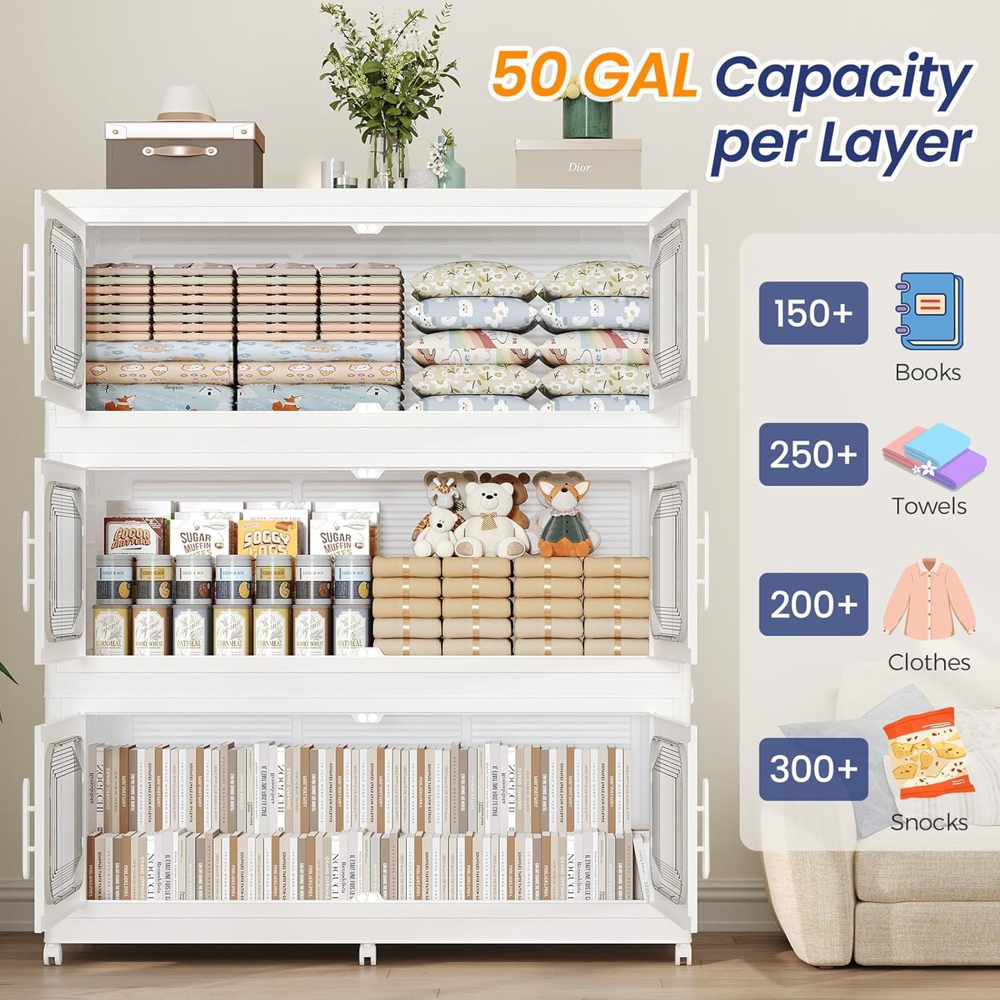 200GAL Extra Large Storage Bins with Lid, 800QT Storage Bins with Wheels, Folding Closet Organizer, Stackable Collapsible Plastic Storage Containers for Home, Office, Dorm, 4Pack White