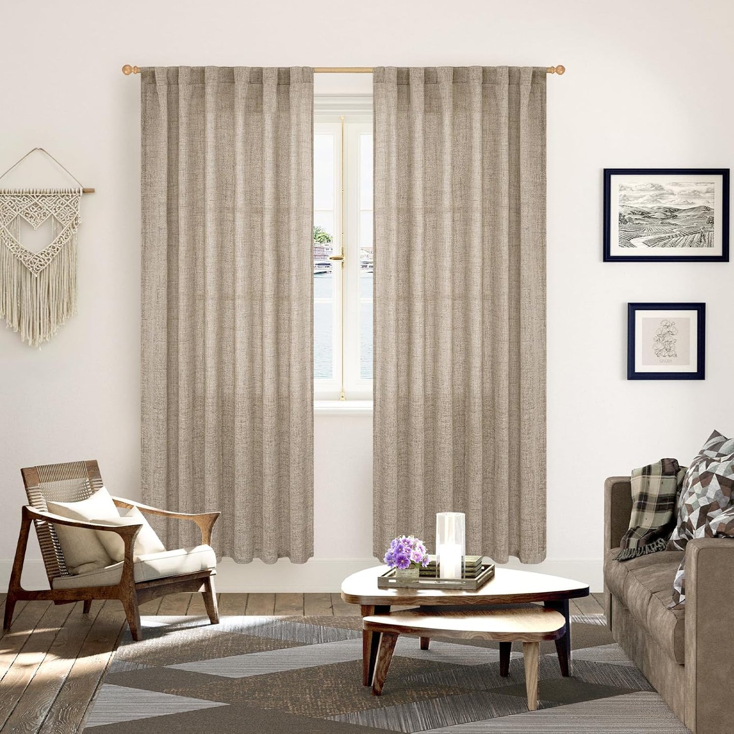 YoungsTex Dark Oatmeal Linen Curtains 78 Inch Length for Living Room, Semi Sheer Window Drapes Light Filtering Rod Pocket Back Tab Curtain for Dining Office Bedroom, 2 Panels, 52 X 78 Inch