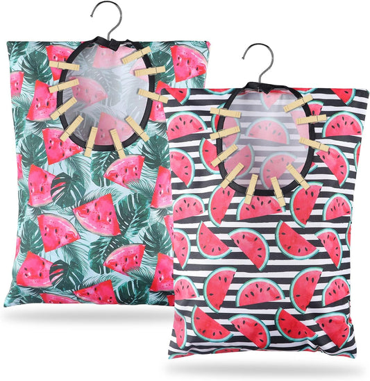 2 Pcs Watermelon Clothespin Bag with Hanging Hook 15 X 11 Inch Watermelon Laundry Canvas Clothes Pin Holder Waterproof Clothespin Bag Clothespin Storage Organizer with A Large Opening (Watermelon)