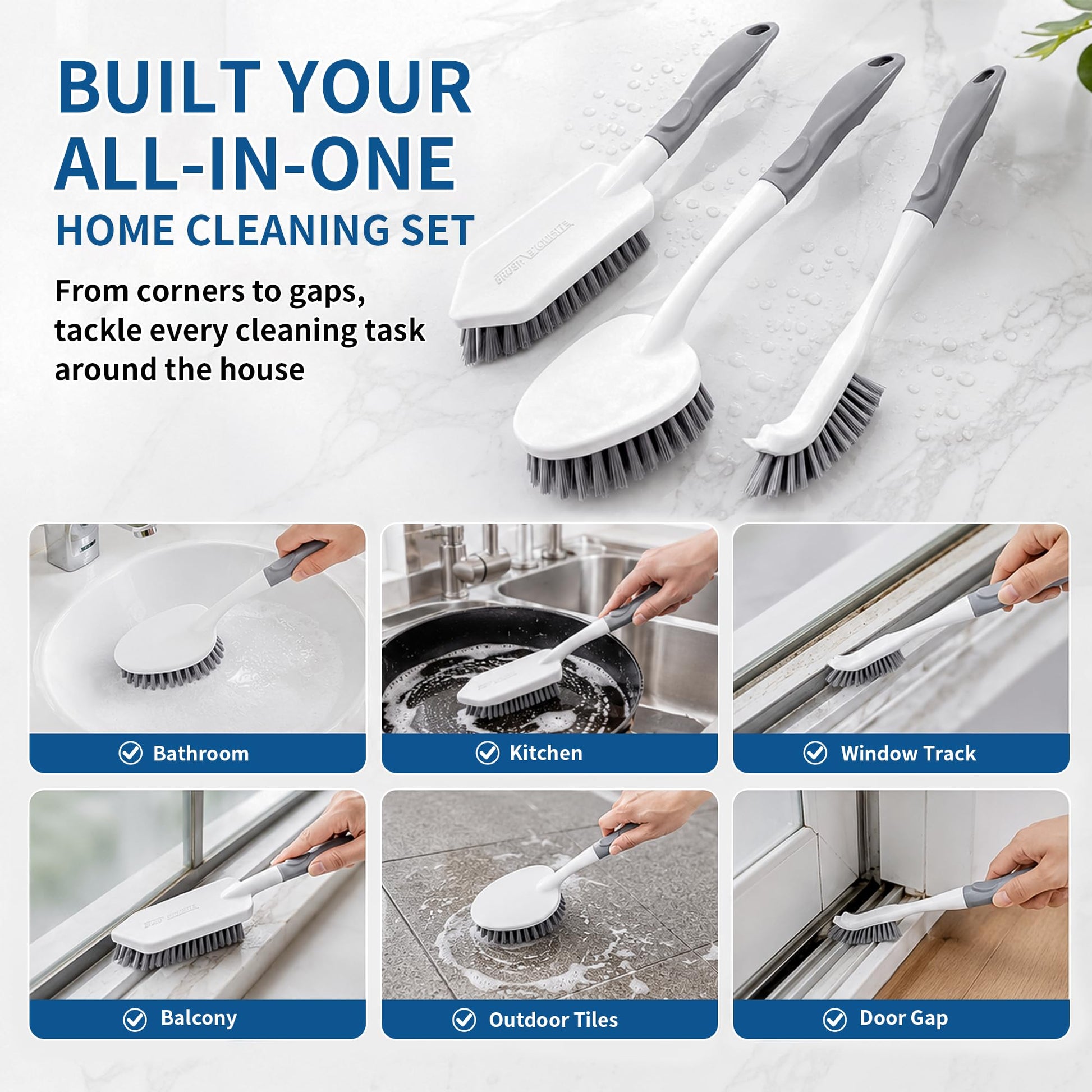 3PCS Heavy Duty Scrub Brush Set - Shower Cleaning Brushes for Bathroom