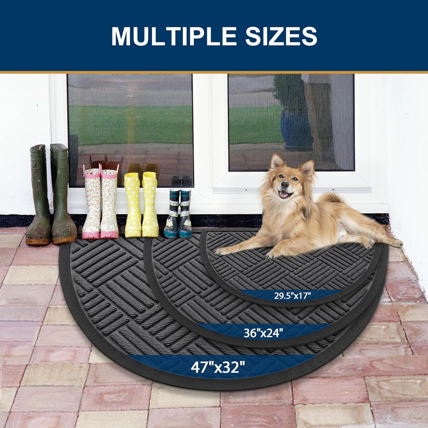 Smiry Half Circle Front Door Mat Outside Entrance,Heavy Duty Outdoor Indoor Natural Rubber Doormat,Non Slip,Trap Dirt and Moisture,Easy Clean,Low Profile Patio Porch Entryway Mat,29.5x17, Light Grey