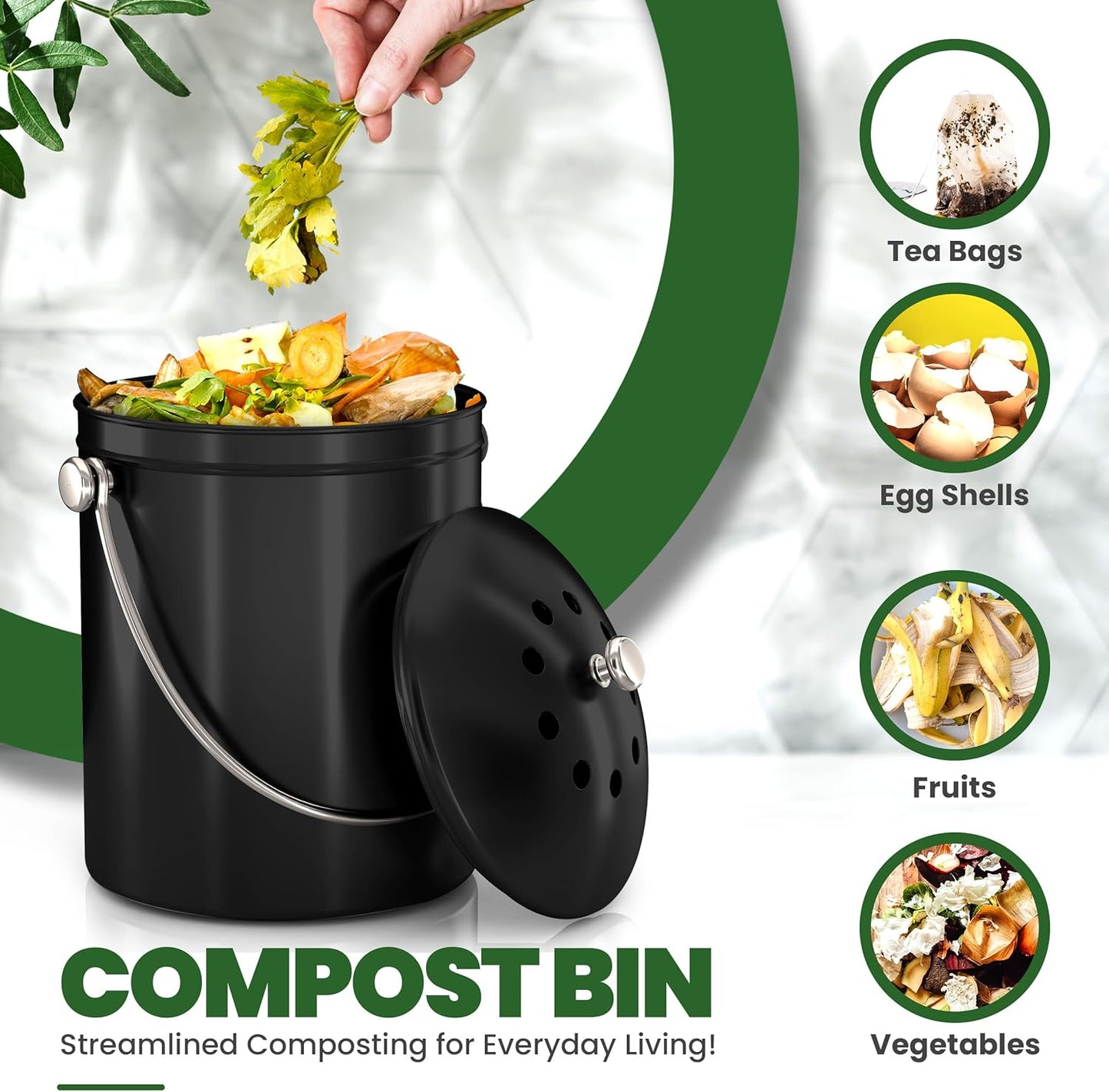 Utopia Kitchen Compost Bin for Kitchen Countertop, 1 Gallon Compost Bucket for Kitchen with Lid, Includes 1 Spare Charcoal Filter (Black)