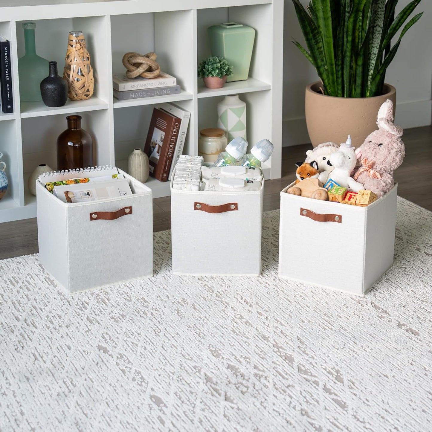 OrganiHaus 11x11 Fabric Cubes Storage Bins Set of 4, Foldable Collapsible Fabric Storage Bins for Organizer, Cubbies Organizer for Kallax, Linen Cube Shelf Baskets, Toy Organizing boxes - White