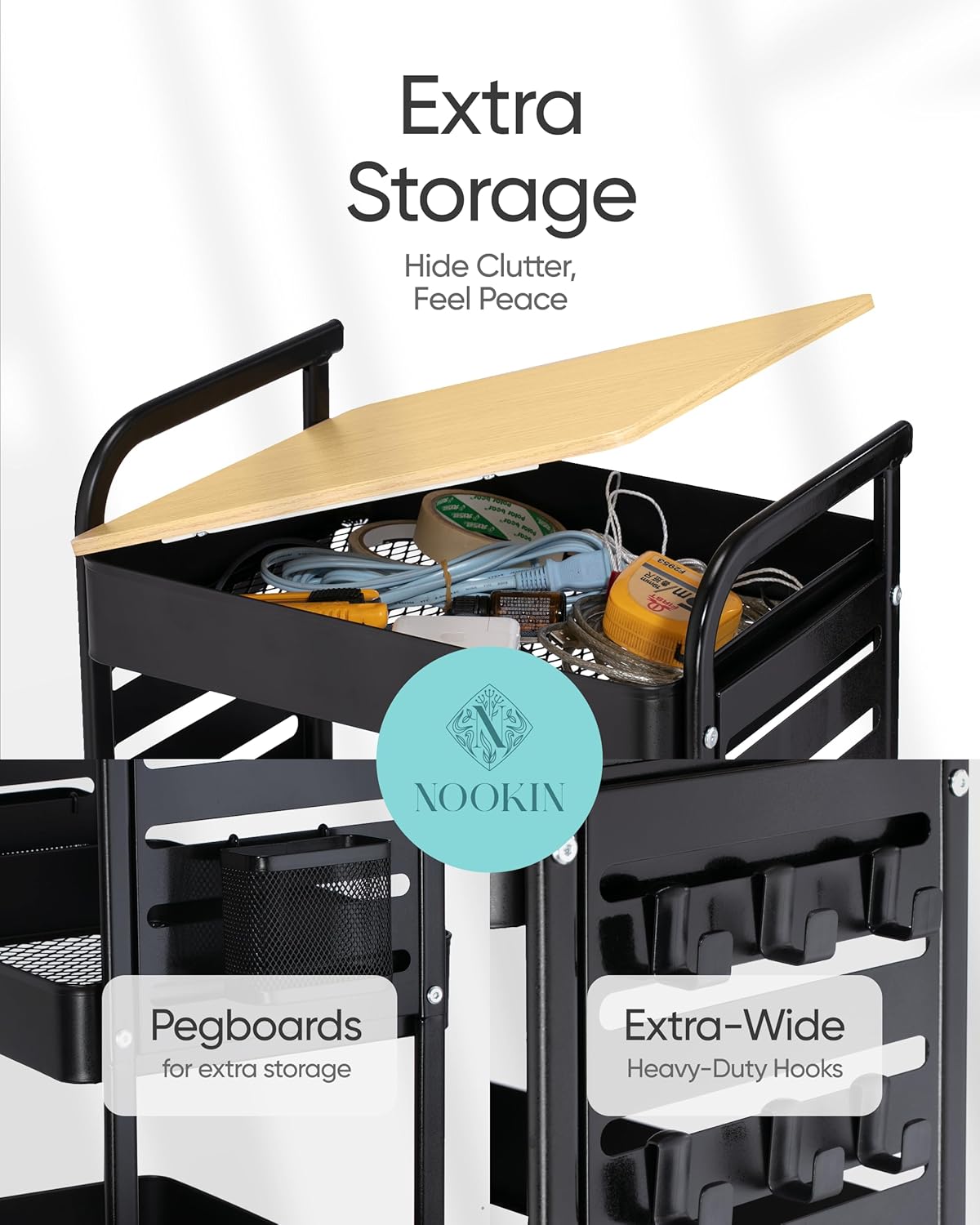 Art Cart with Tabletop & Pegboard - 3-Tier Rolling Utility Cart with Wheels, 2 Baskets & 6 Hooks - Metal Storage Organizer for Home, Office, Crafting & Kids’ Art Supplies (Black)