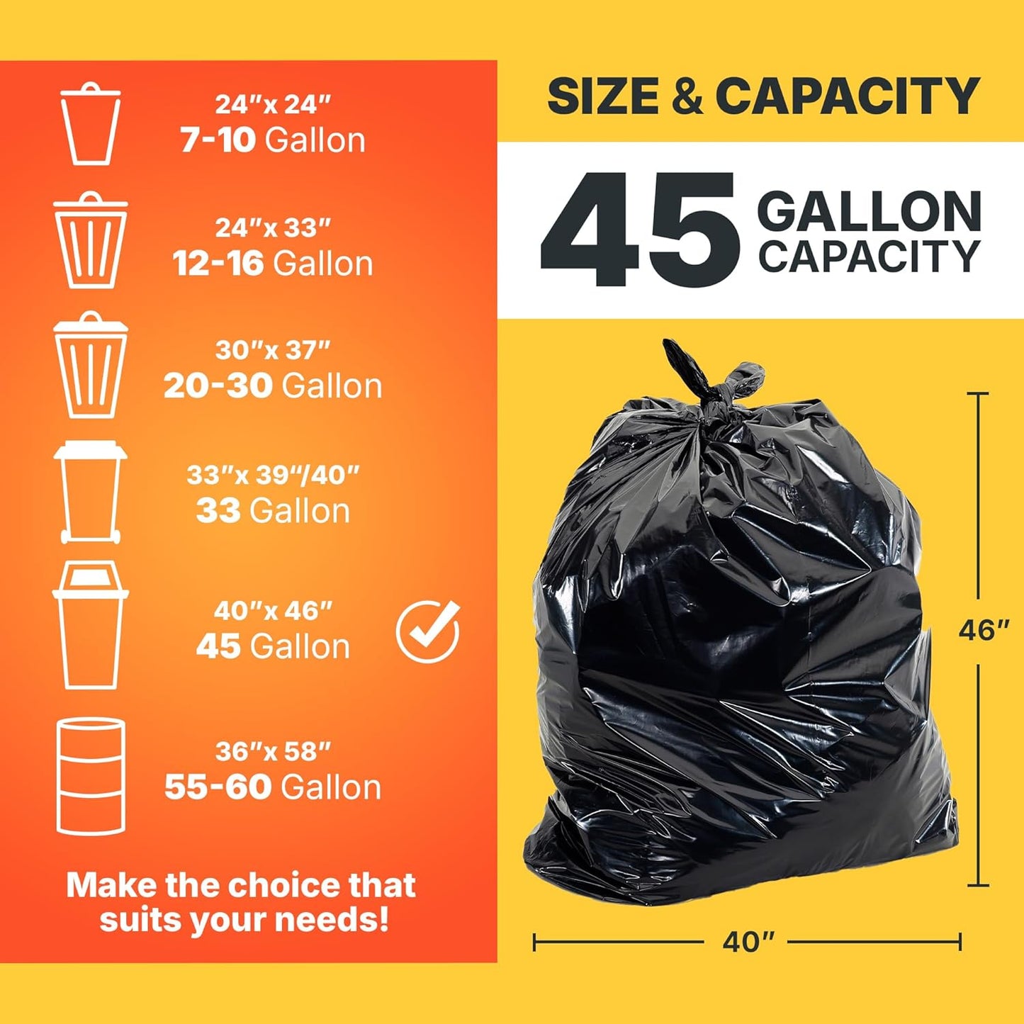 45 Gallon Trash Bags, 30 Micron Heavy Duty Pure LDPE Garbage Can Liners, 40" x 46" Large, Black, 100 Count