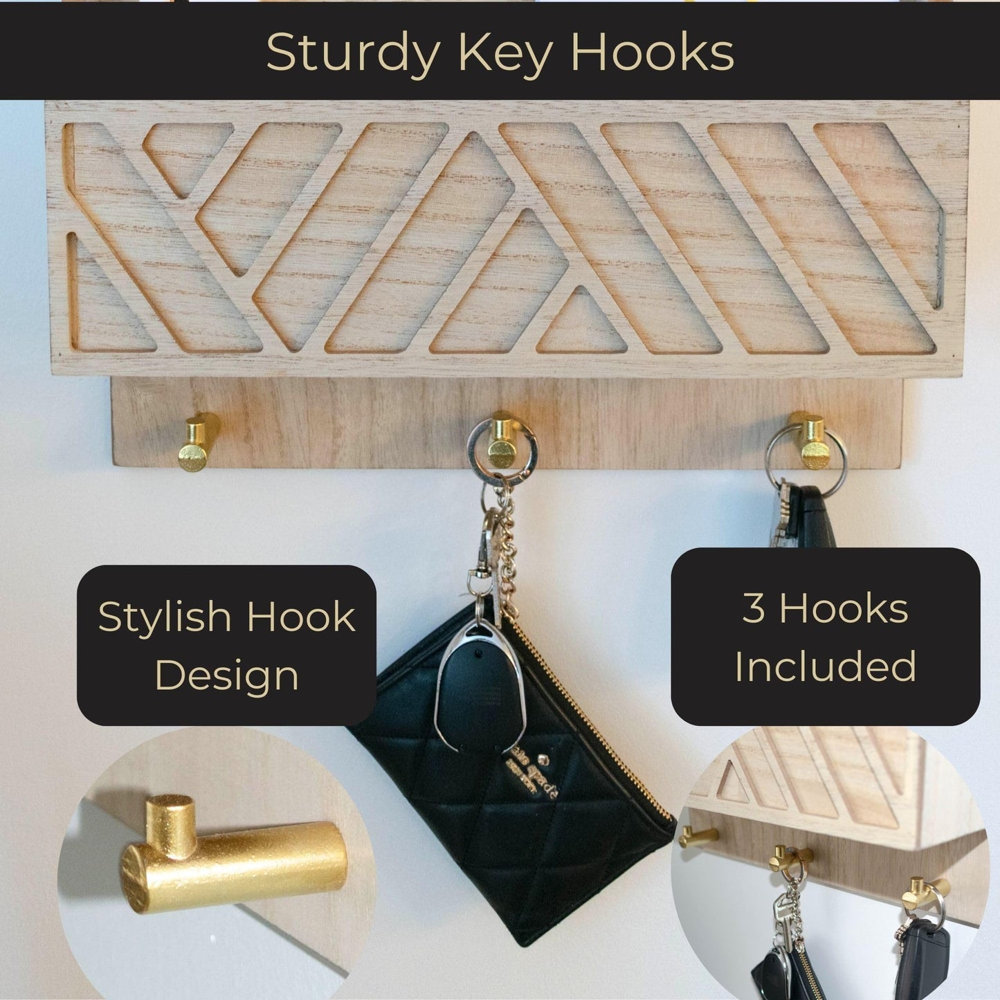BLU MONACO Wall-Mounted Mail and Key Holder – Natural Wood 2-Tier Letter Organizer with 3 Hooks |