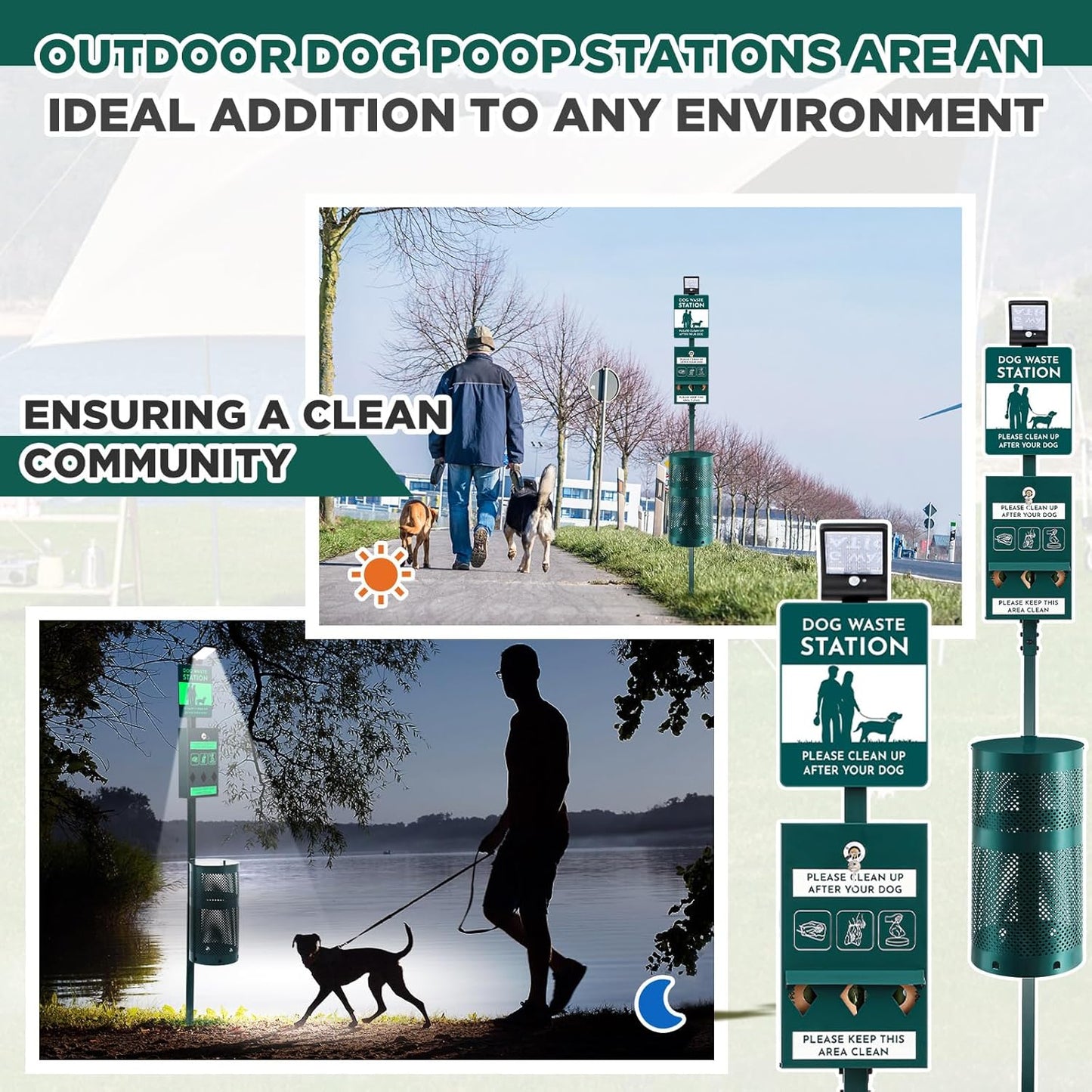Dog Waste Station with Solar Panels Outdoor LED Galvanized Steel Dog Trash Bin with Poop Bag Dispenser Light up at Night Rust Proof Pet Trash Station for Commercial Park Backyard