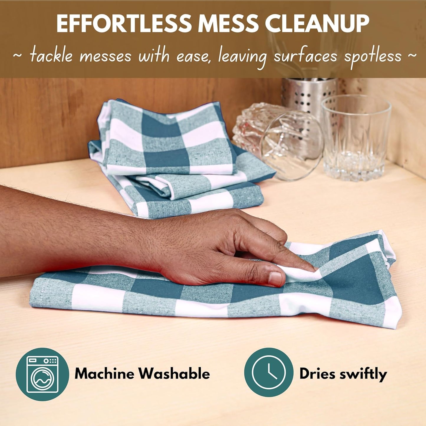 Native Fab 6-Pack Kitchen Towel with Hanging Loop 16x26 inches, Cotton Buffalo Check Kitchen Towels for Cleaning Drying, Washcloths Soft & Absorbent Cloth Rags, Bar Towel, Dish Cloth, Teal Green