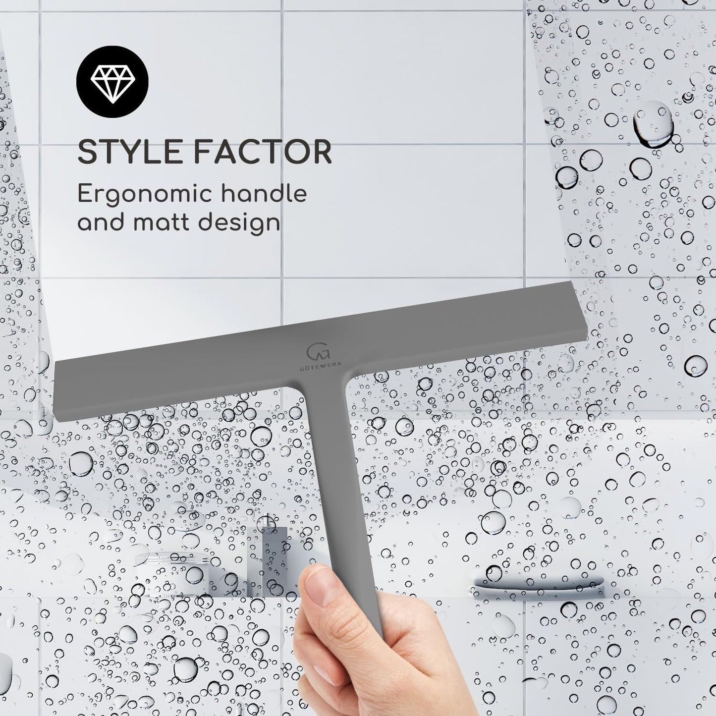 GÜTEWERK Shower Squeegee for Glass Doors, Silicone Window Squeegee, Bathroom and Glass Cleaning - Gray - 9 Inch