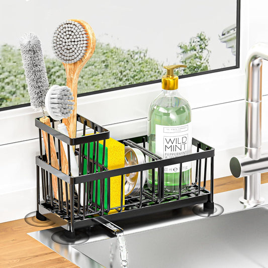 Self-Draining Kitchen Sink Caddy with Elevated Brush Holder – Rustproof Stainless Steel Multipurpose Sponge Holder for Kitchen Sink Organizer with Durable Design for Countertop