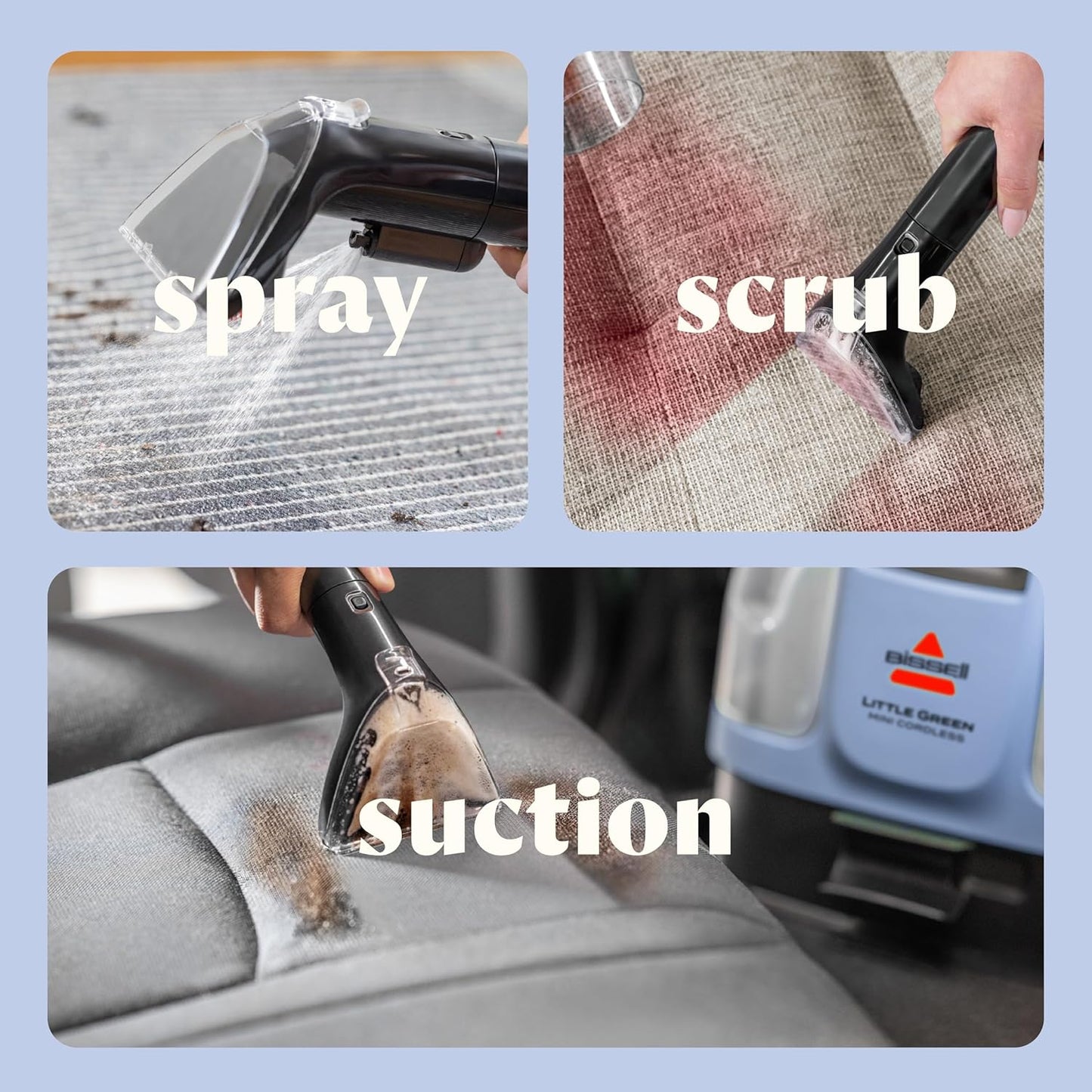 BISSELL Little Green Mini Cordless Portable Carpet and Upholstery Deep Cleaner, Car/Auto Detailer, with HydroRinse Self-Cleaning Tool and 4" Tough Stain Tool, Limited Edition Color Lake, 4015L