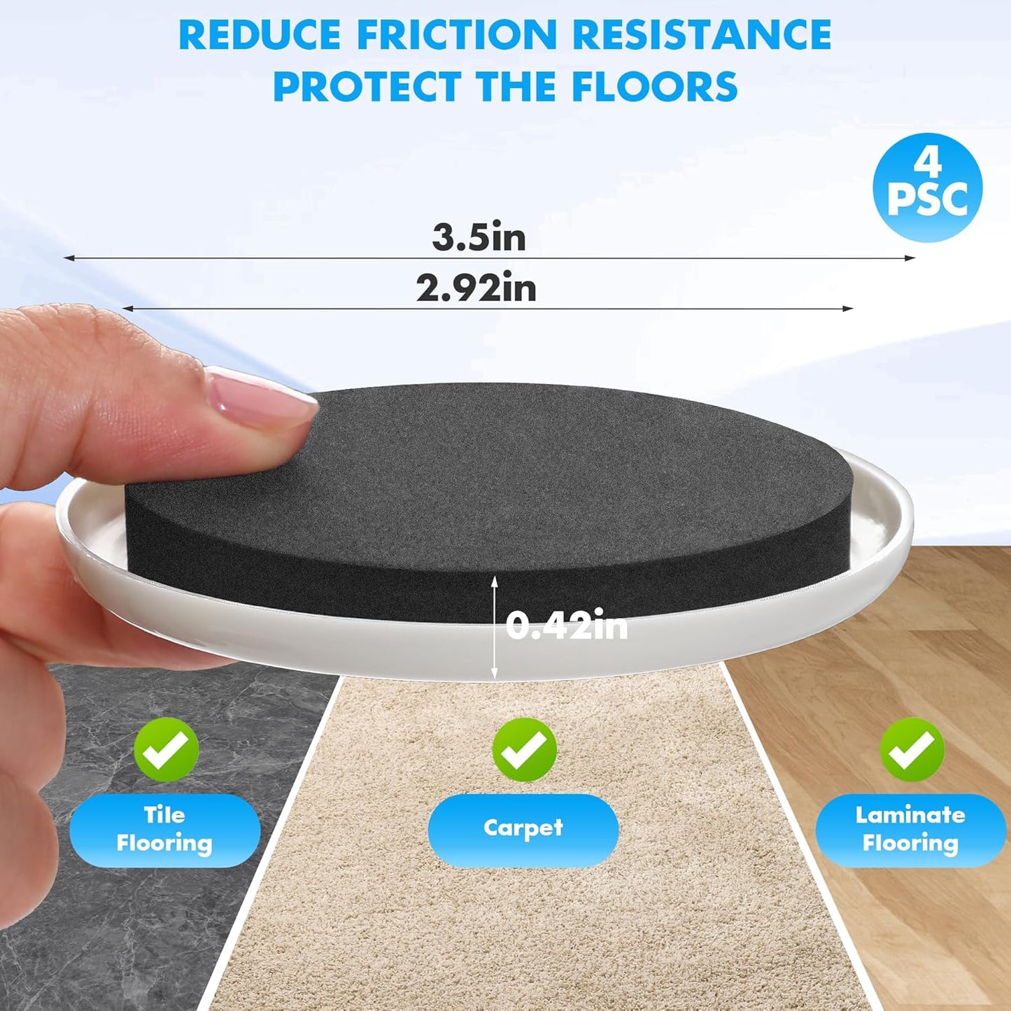 Furniture Lifter Tool + 8-Pack of 3.5" Sliders, Save 80% Effort, Safely and Easily, The Lift and Glide Tool Set for Heavy Furniture and Appliances, Reusable Moving Pads, Floor Protectors for Carpet