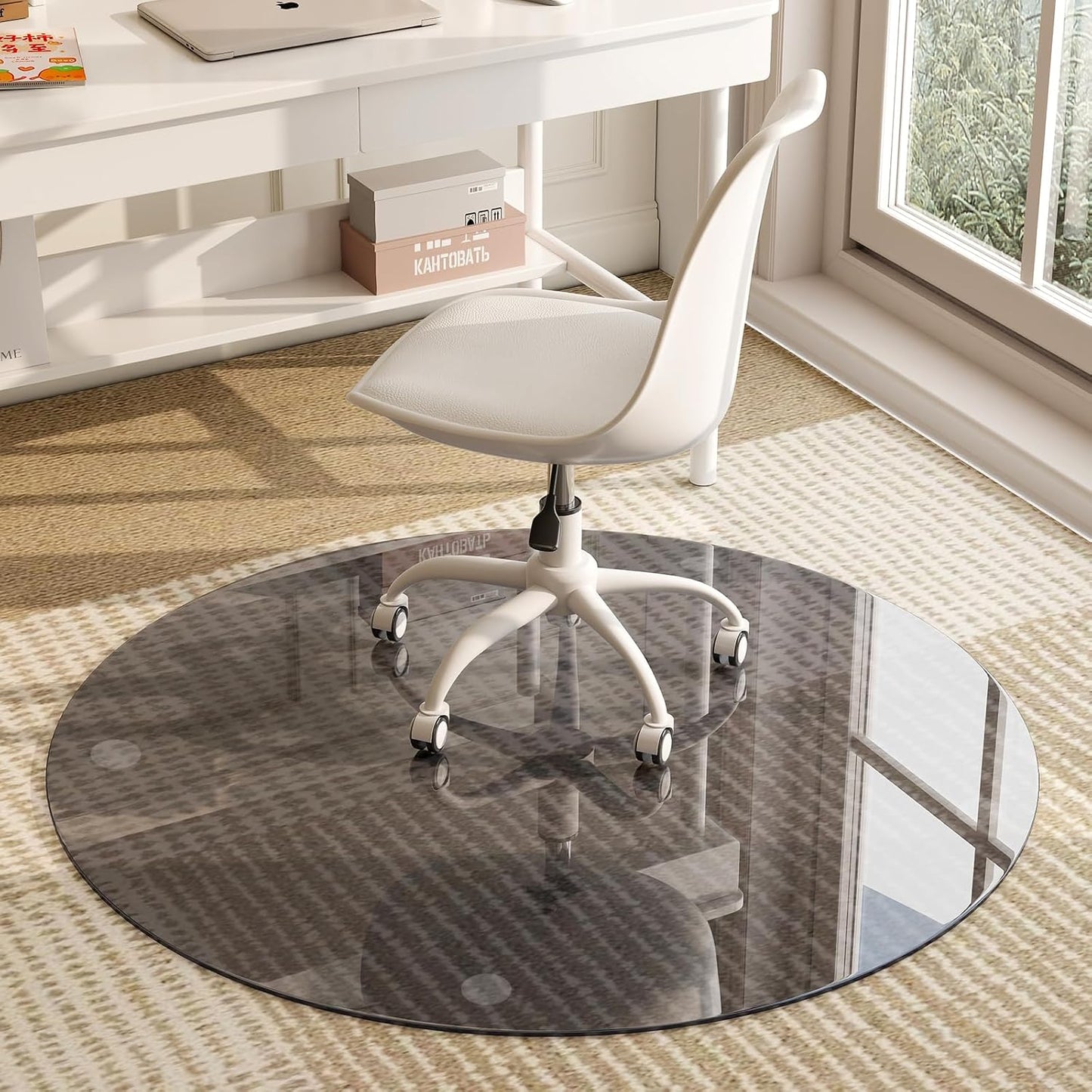 GLSLAND Round Tempered Glass Floor Mat - 55" Office Chair Mat for Carpet Blue & Gray Clear Glass Mat 1/5" Thick for Hardwood Floor/Carpeted Floors