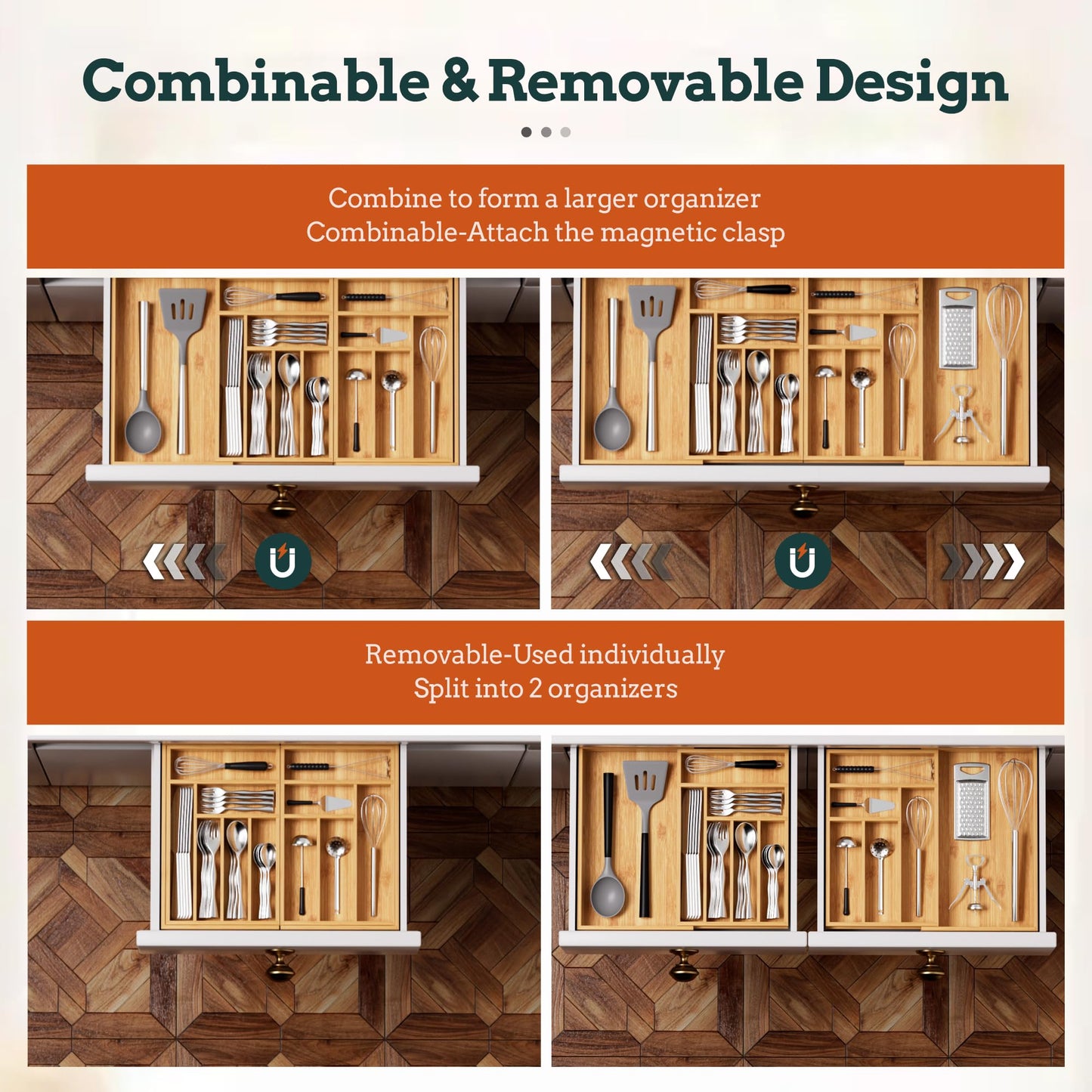 Silverware Organizer Large, Magnetic Connected Expandable 13 Slots Silverware Drawer Organizer From
