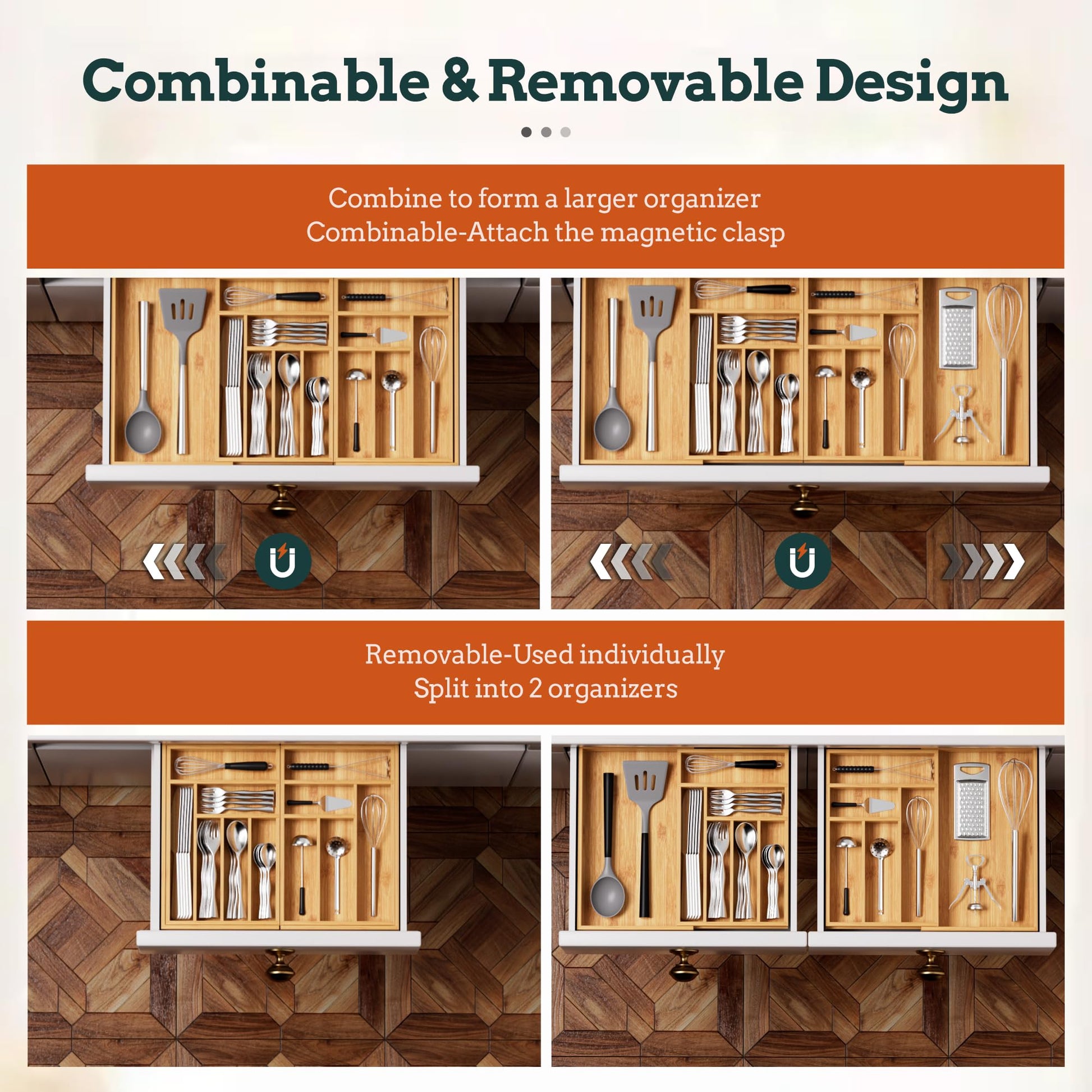 Silverware Organizer Large, Magnetic Connected Expandable 13 Slots Silverware Drawer Organizer From