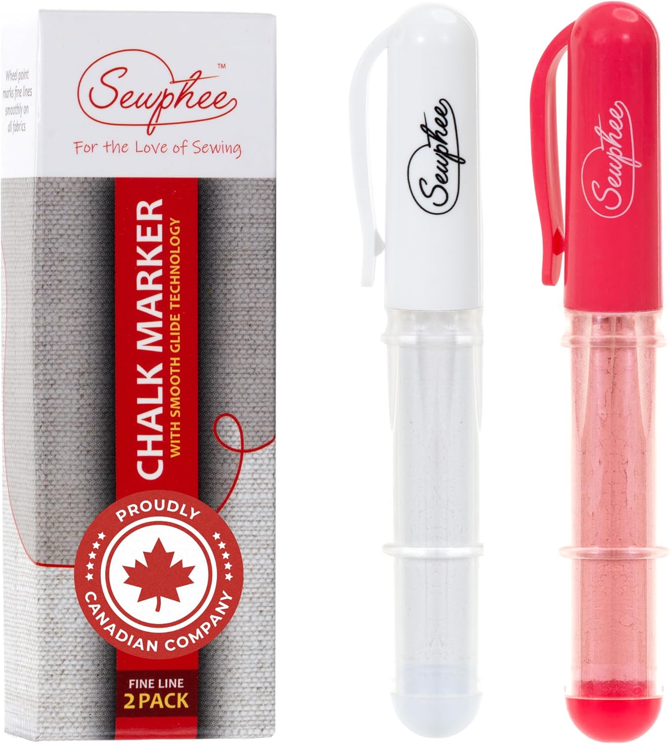 Fabric Markers for Sewing ??Ergonomic Tailors Chalk Pen with Improved Dosing Wheel for Sharp Lines - Washable Sewing Chalk Marking Pens that are Compatible with Most Fabrics - White and Pink 2 Pack