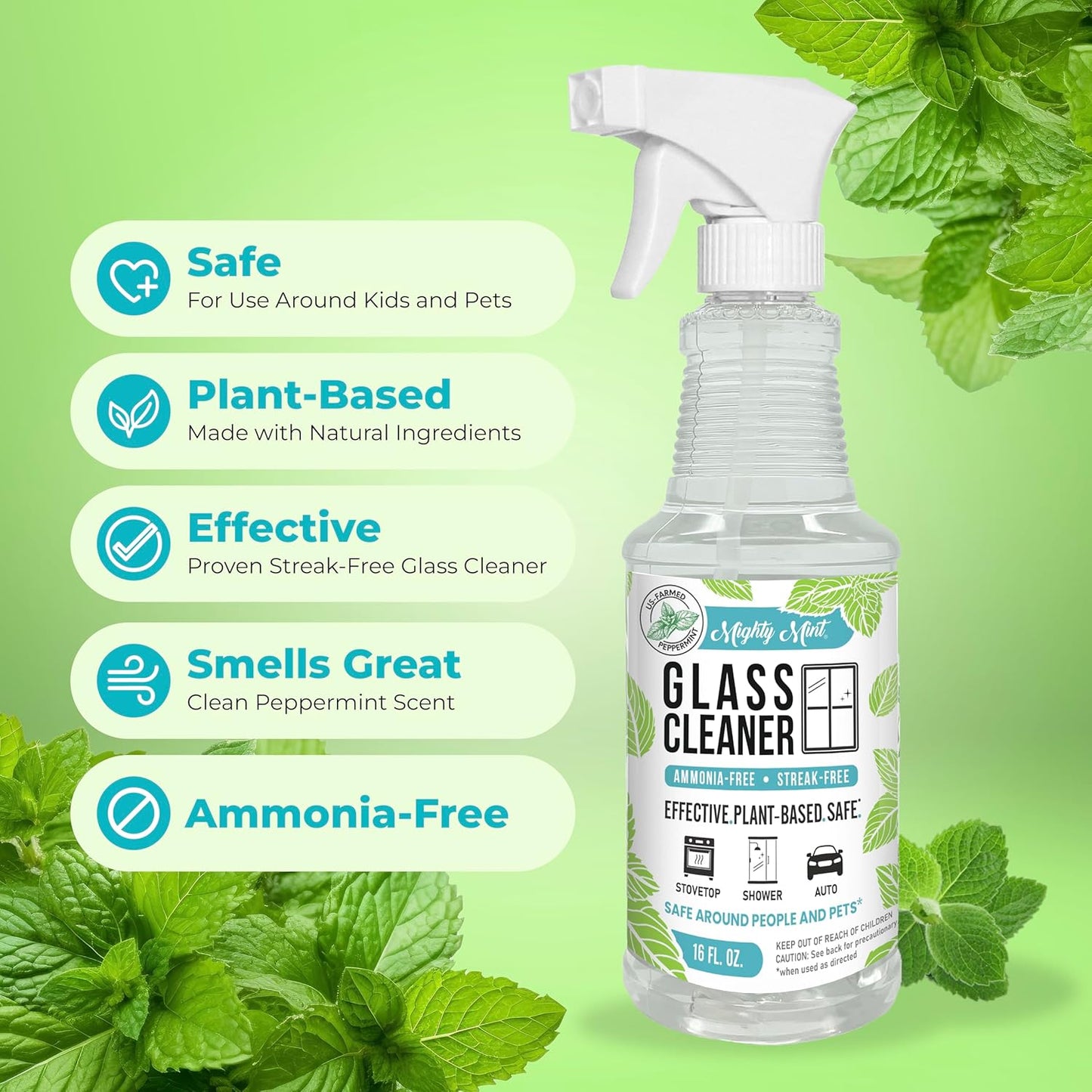 Mighty Mint Glass Cleaner, Ammonia-Free, Streak-Free Spray for Windows, Screens, Stovetop, Bathroom, Natural Peppermint Scent, 16oz (Pack of 2)