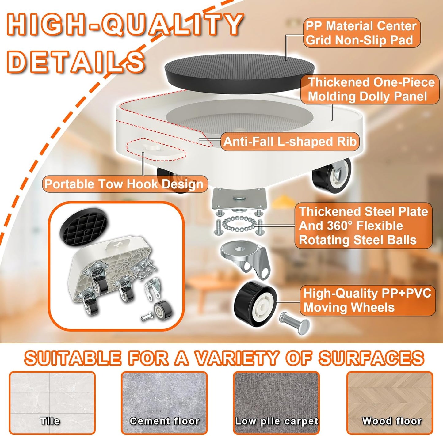 MUEA Furniture Dolly,Heavy-Duty Furniture Movers with Removable Center Pad,Non-Slip L-Edge & TPR Wheels,Moving for Round/Flat Leg Furniture–Includes Pry Bar,Gloves,Mat and Storage Bag(1200LBS)