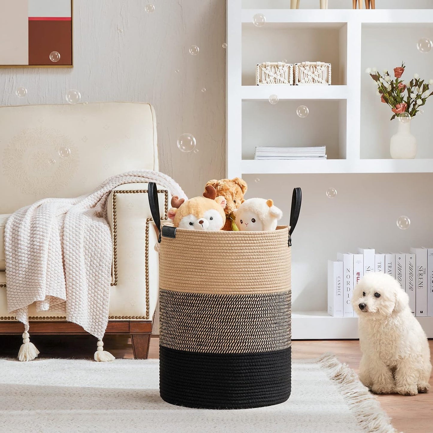 VIPOSCO Tall Laundry Basket, Large Dirty Clothes Hamper with Leather Handle, Woven Rope Storage Basket for Blanket, Toy In Living Room, Bathroom, Bedroom - 58L Brown & Black