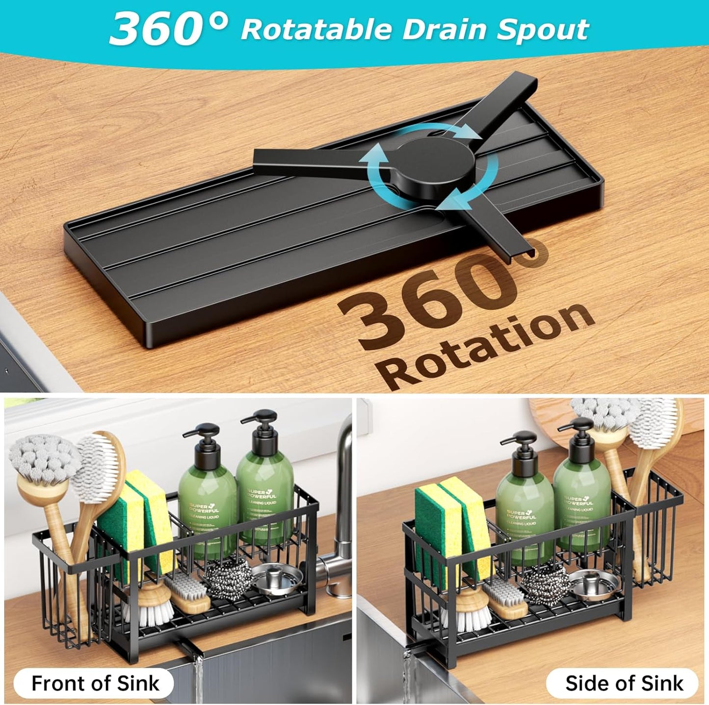 Sponge Holder for Kitchen Sink, 2 Tier Sink Caddy Organizer Countertop with Dish Brush Holder and 360° Drain Tray, Rustproof Stainless Steel Dish Soap Storage Rack Set for Accessories