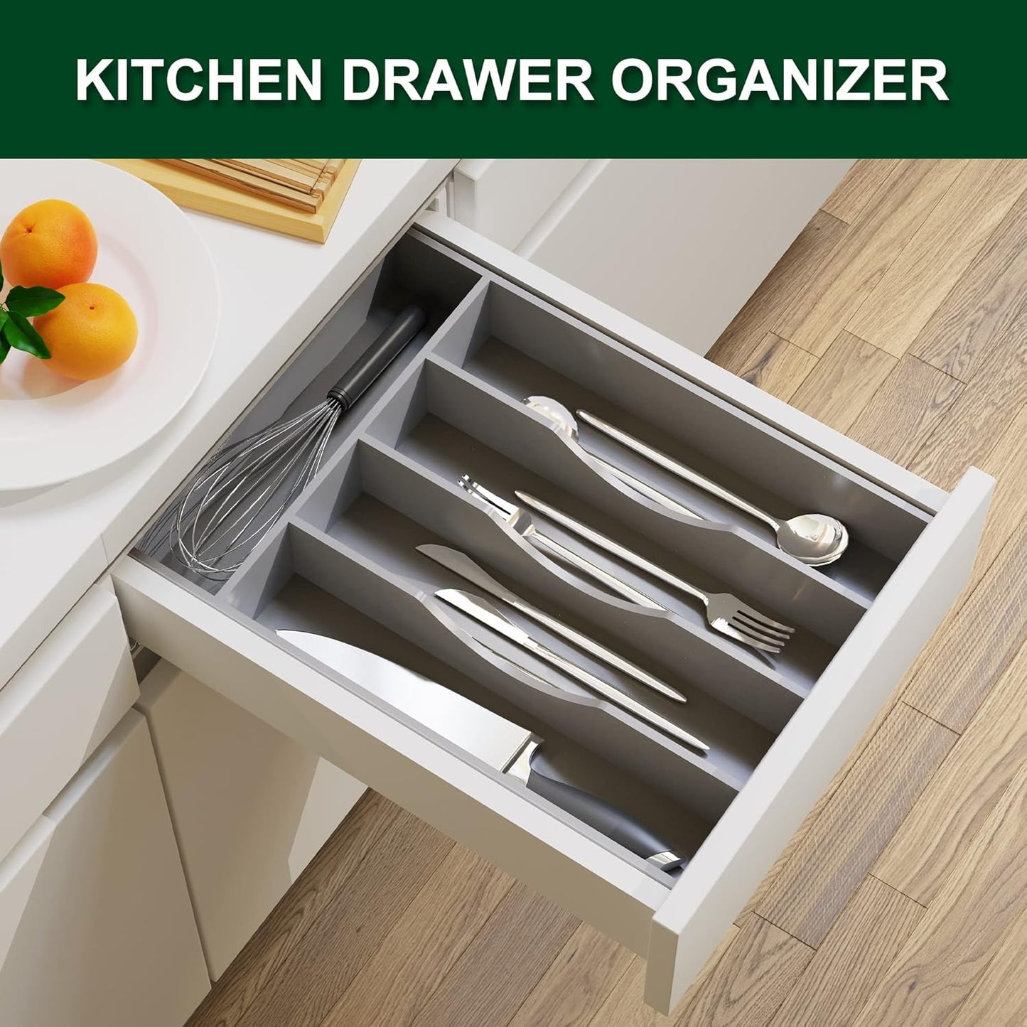 Bellsal Grey Utensil Organizer 10 Inch Silverware Tray for Drawer Utensil Holder Cutlery Organizer Kitchen Drawer Organizer 5 Compartment Small Narrow Bamboo
