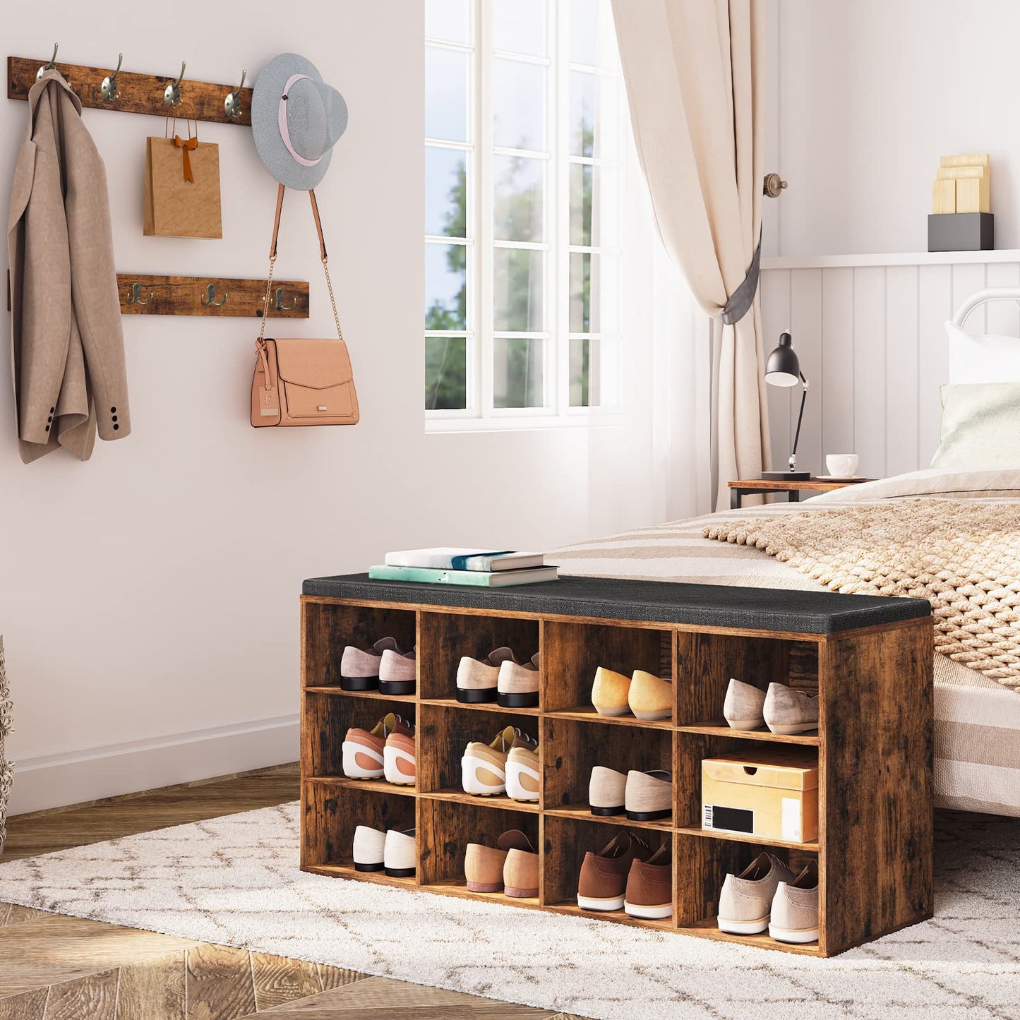 HOOBRO Shoe Storage Bench with Cushion, 39.4" L Entryway Bench with 12 Cubbies, Entryway Hall Tree
