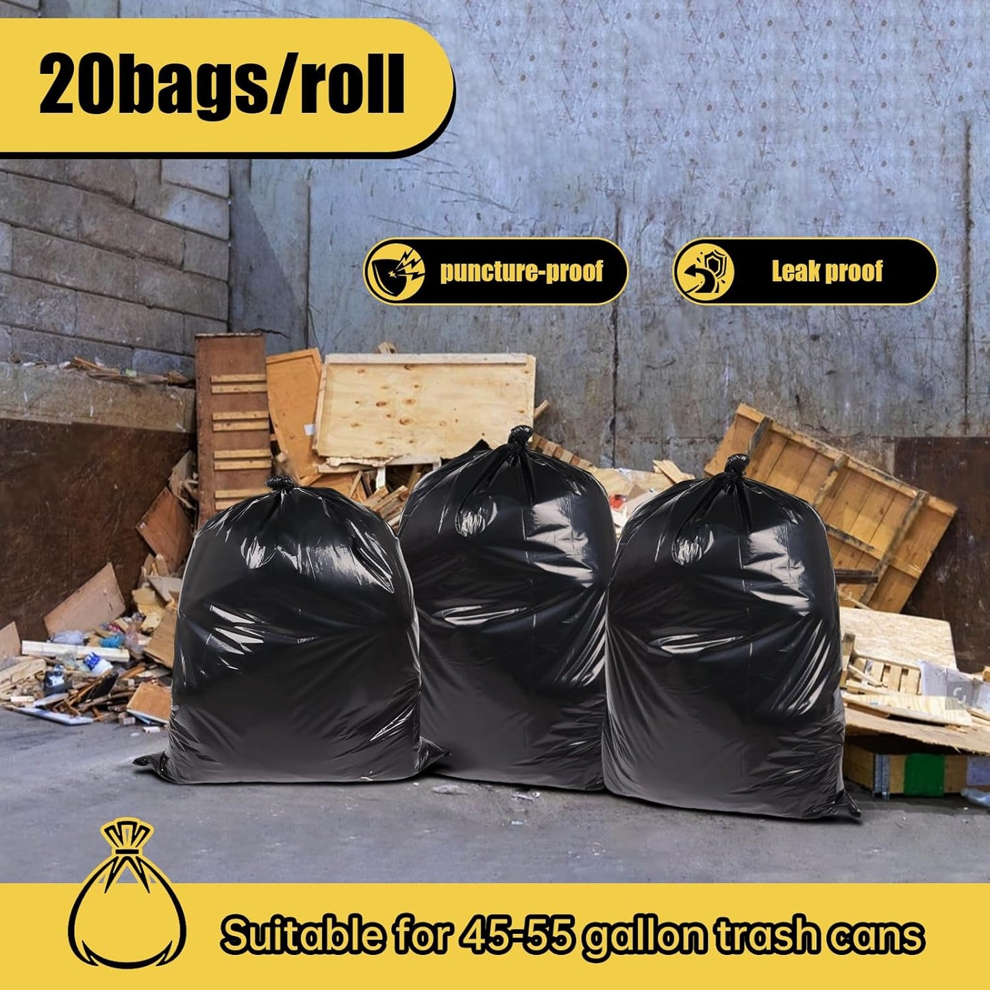 Heavy Duty Extra Large 55 Gallon Black Trash Bags, 1.92 Mil Industrial Garbage Bags for Construction, Waste Disposal,Commercial,Home Use,Out Door 20 Count