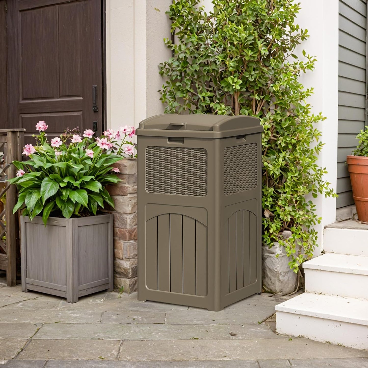 YESHOMY 4 Pack Outdoor Trash Can with Lid, Garbage Bins for Garden, Porch, Home and Kitchen, Coffee