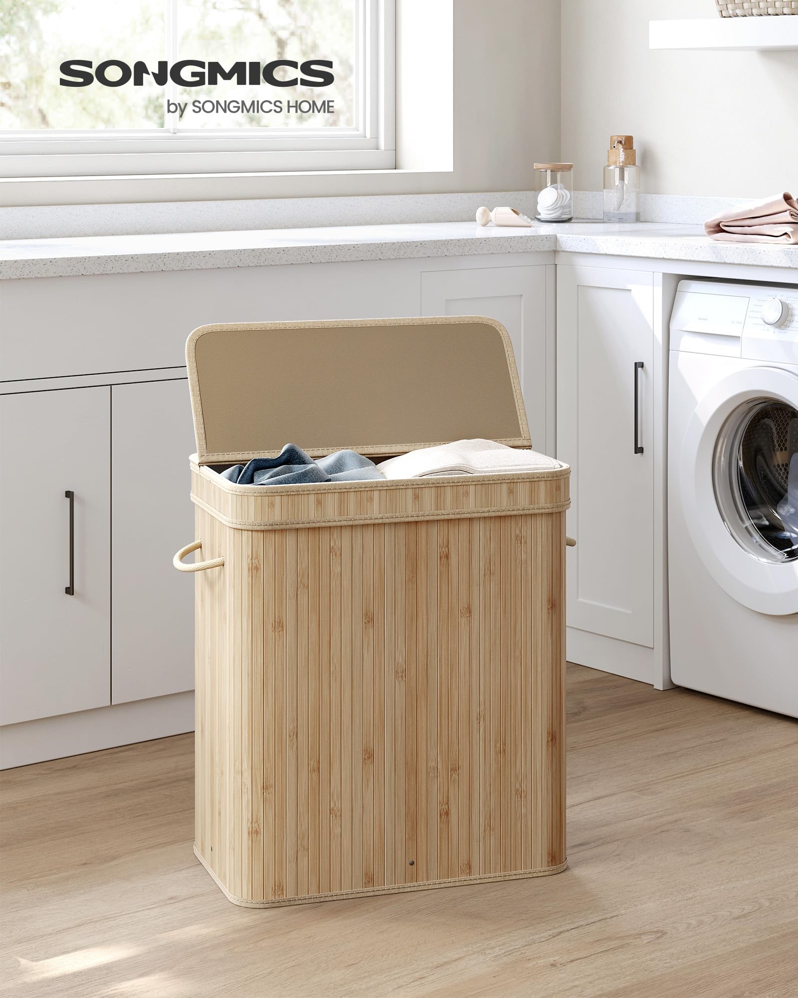 SONGMICS Bamboo Laundry Hamper with Lid, 26.4-Gallons, with Handles