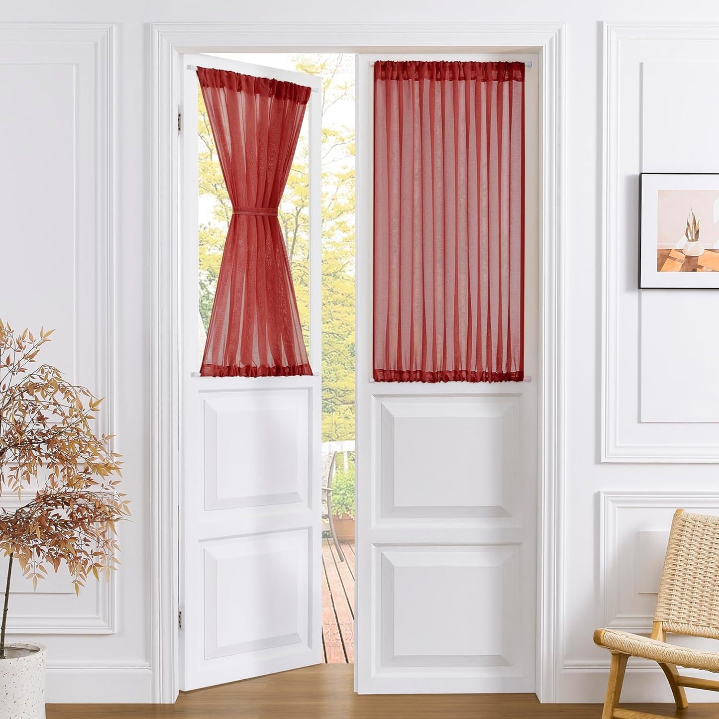 Tollpiz Small Sheer Door Curtain Closet Linen Textured Curtain Sheers Doorway Light Filtering Voile French Door Rod Pocket Curtains Patio Glass Door, 25 x 40 inches Long, Burgundy Red, Set of 1 Panel