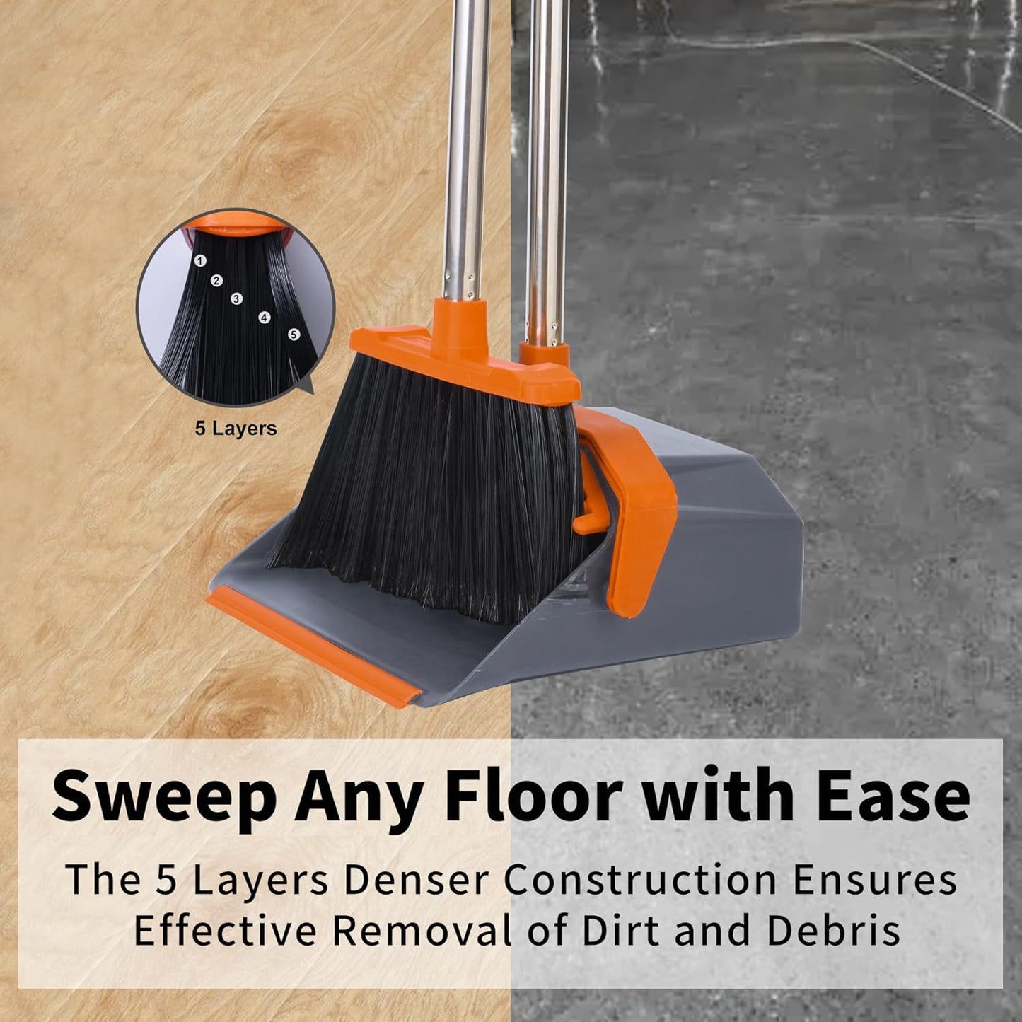 Broom and Dustpan Set with 51'' Long Handle, Upright Broom and Dustpan Combo for Home Kitchen Office Restaurant Garage Lobby Dog Cat Pets Hair - Grey and Orange