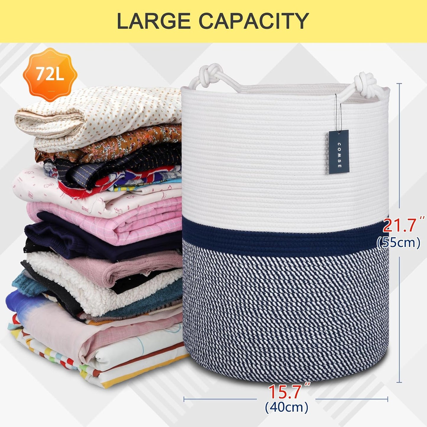 COMSE Extra Large Blanket Basket, Tall Woven Storage Basket, Nursery Hamper, 15.7”x 21.7”, Cotton Rope Laundry Hamper for Toys Clothes Towels, Blend White/Navy Blue